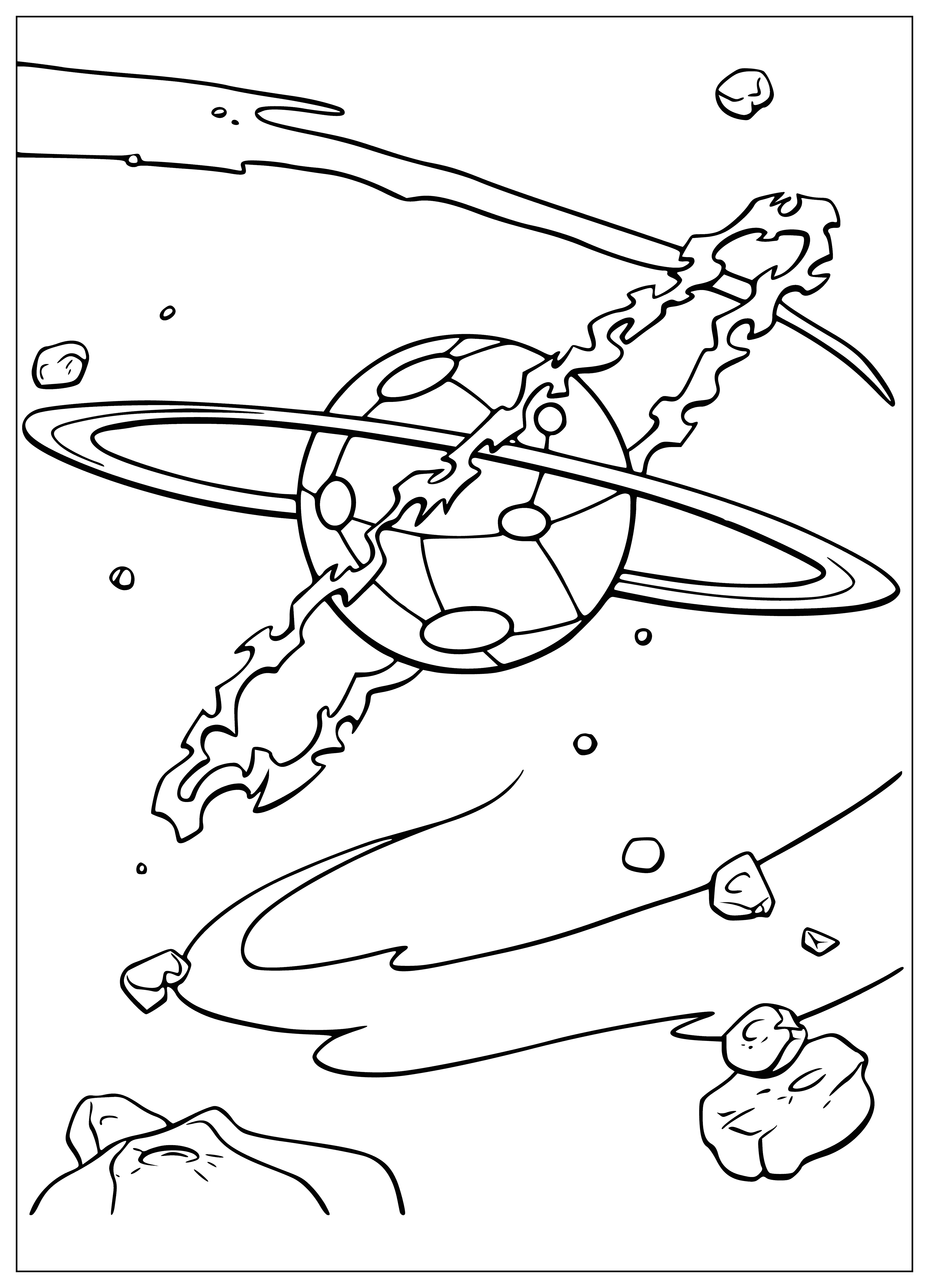 coloring page: Coloring page of a big treasure planet surrounded by smaller planets and stars, with a chest full of gold and jewels. #treasureplanet