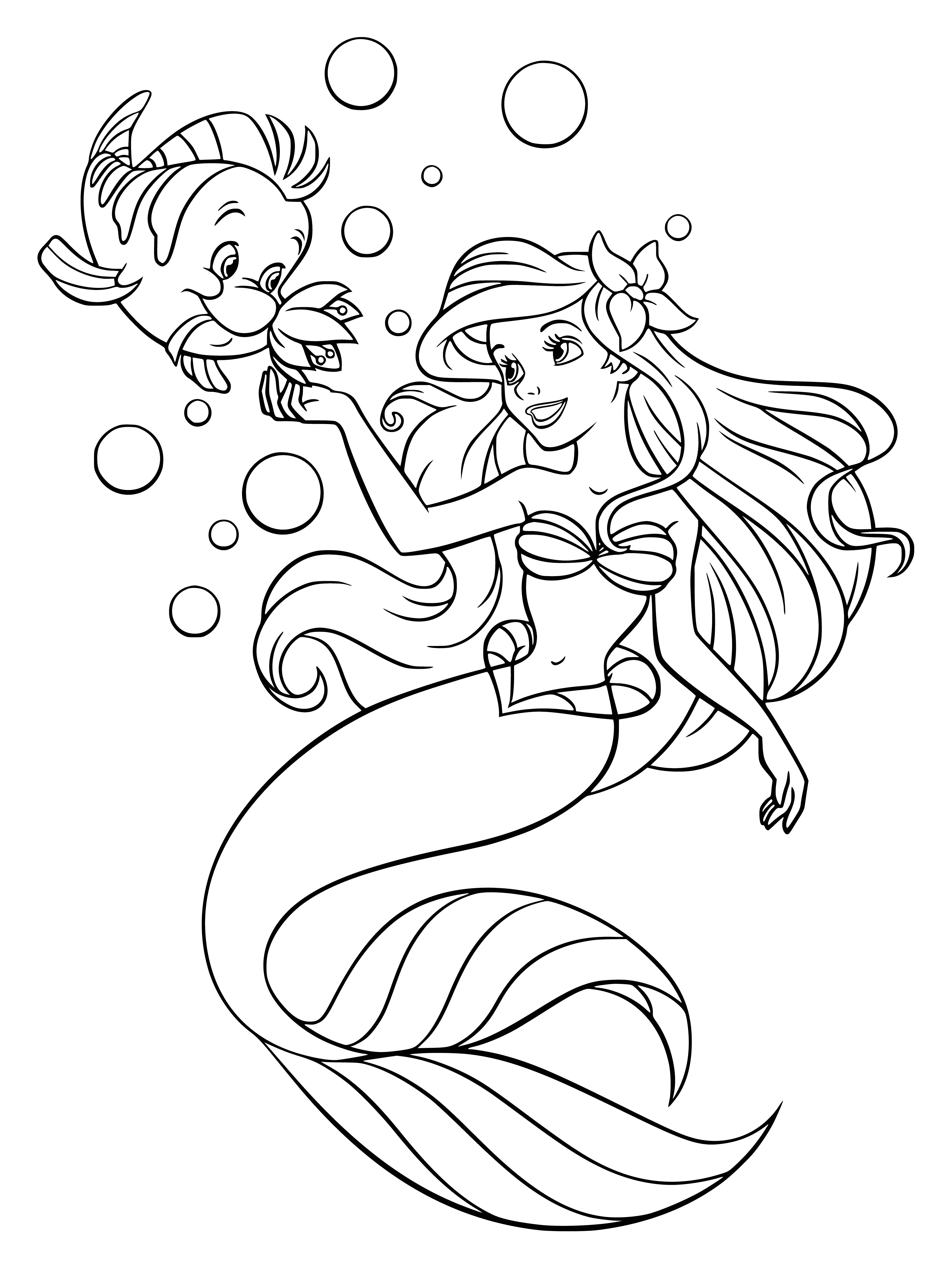 coloring page: Ariel & Flounder, best friends & adventurers, explore new areas & discover new things.