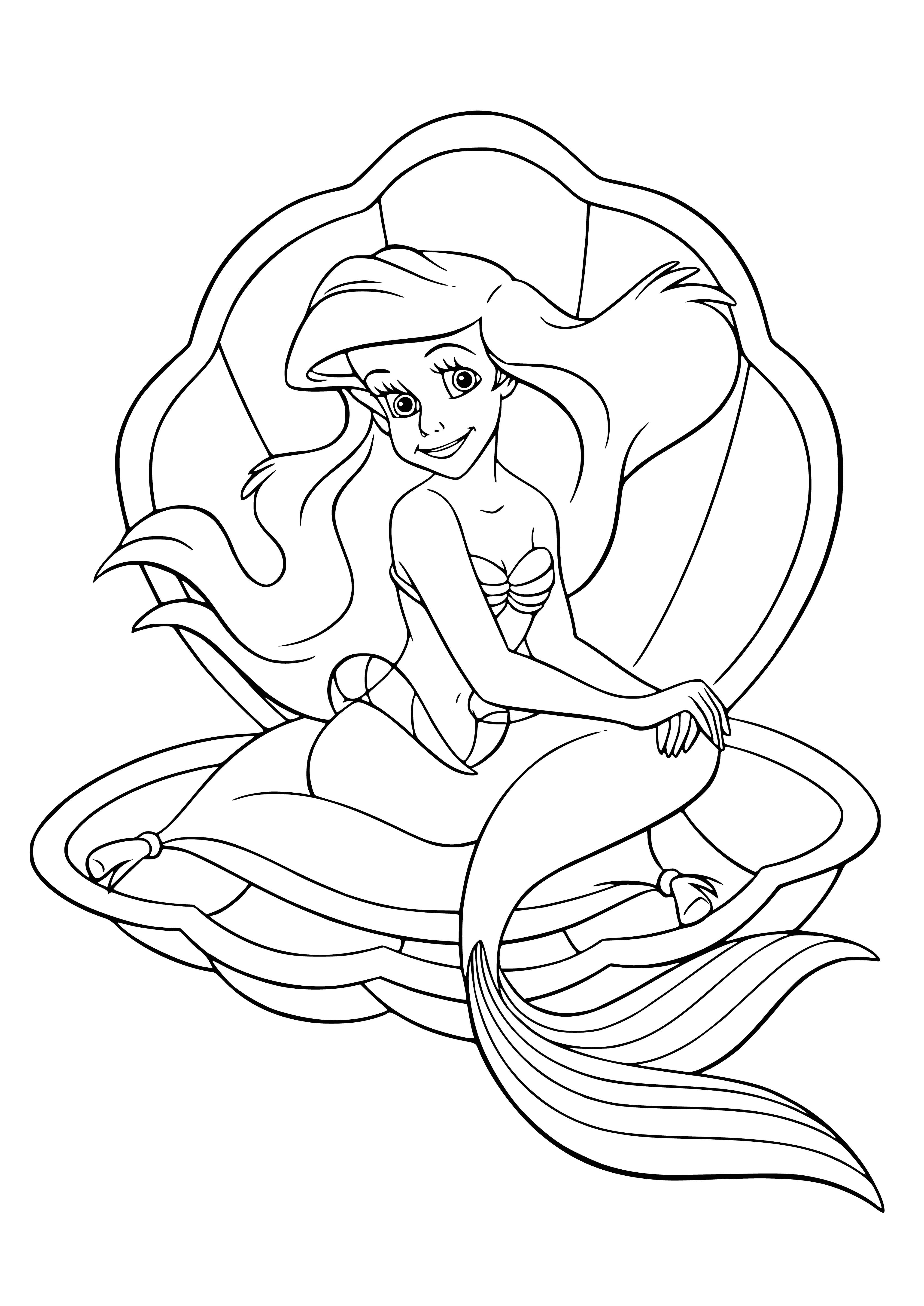 coloring page: A little mermaid is scrubbing the sink with a sponge and curling her red hair with a blue headband - her blue tail wrapped around her waist.