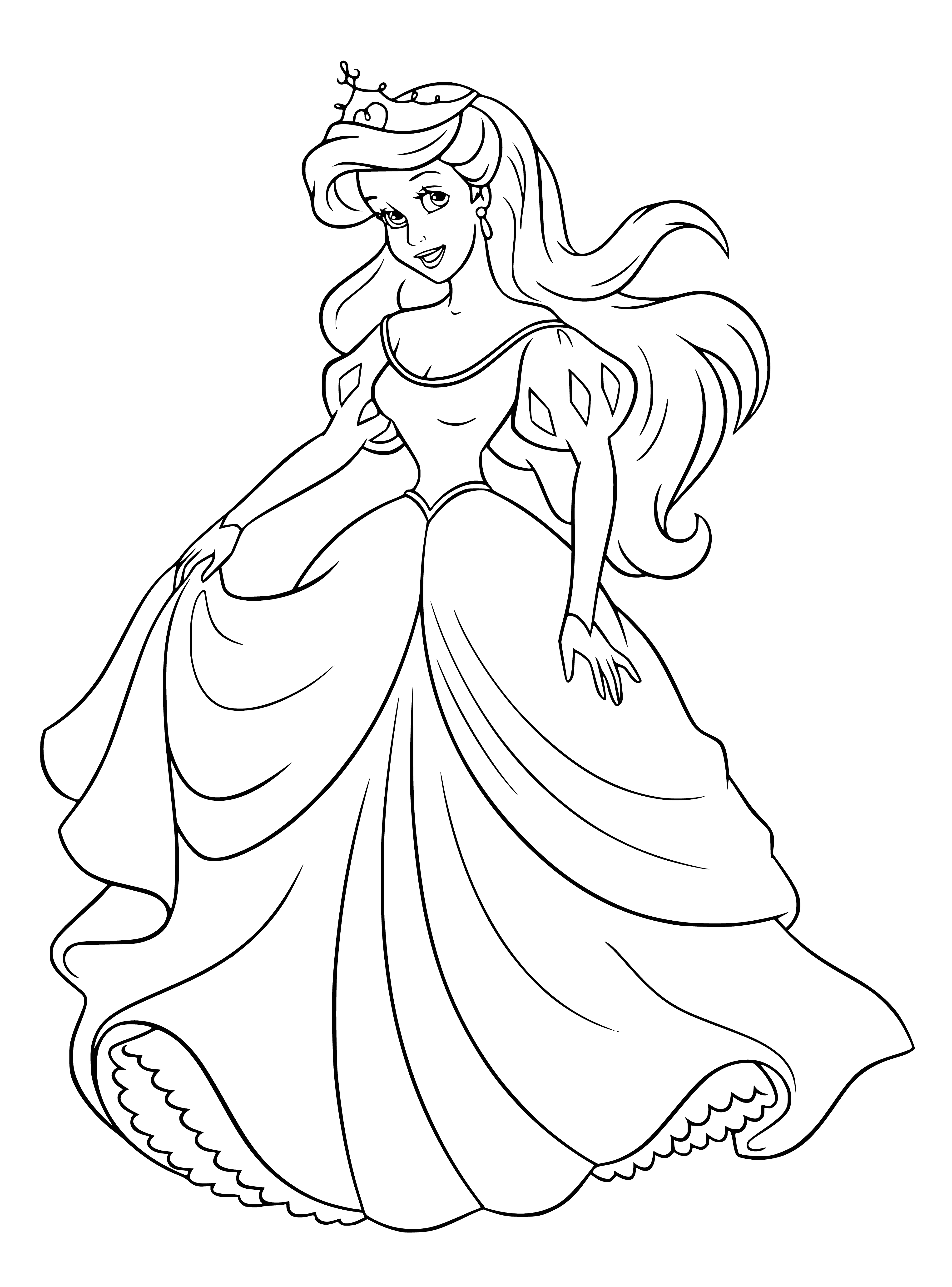 coloring page: Mermaid Ariel stands on a rock in an underwater scene, holding a pink conch shell to her ear with a curious expression. #TheLittleMermaid