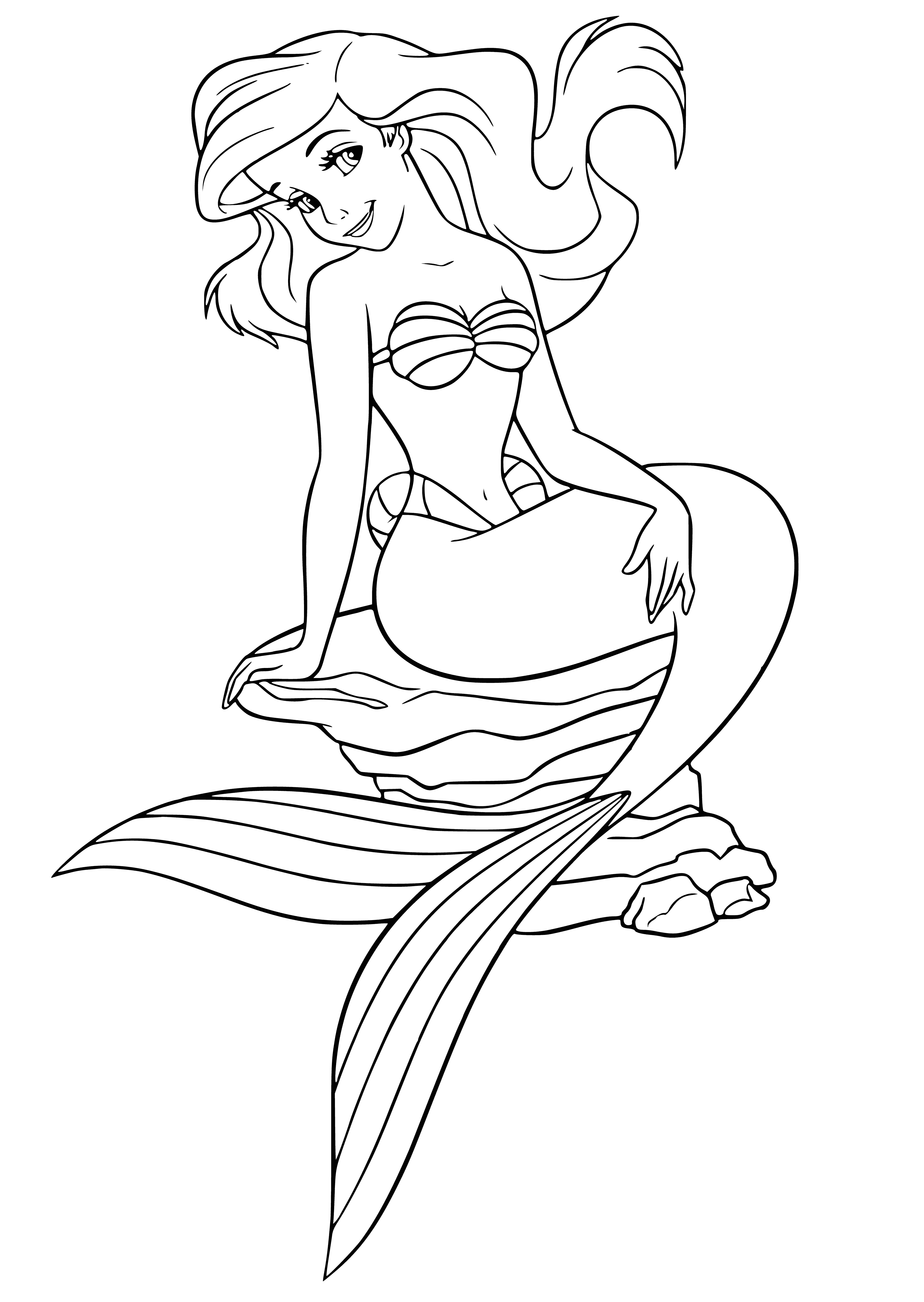 coloring page: Little mermaid Ariel with green tail, red hair, crown, & fork in hand graces a coloring page! #Coloring #Mermaid