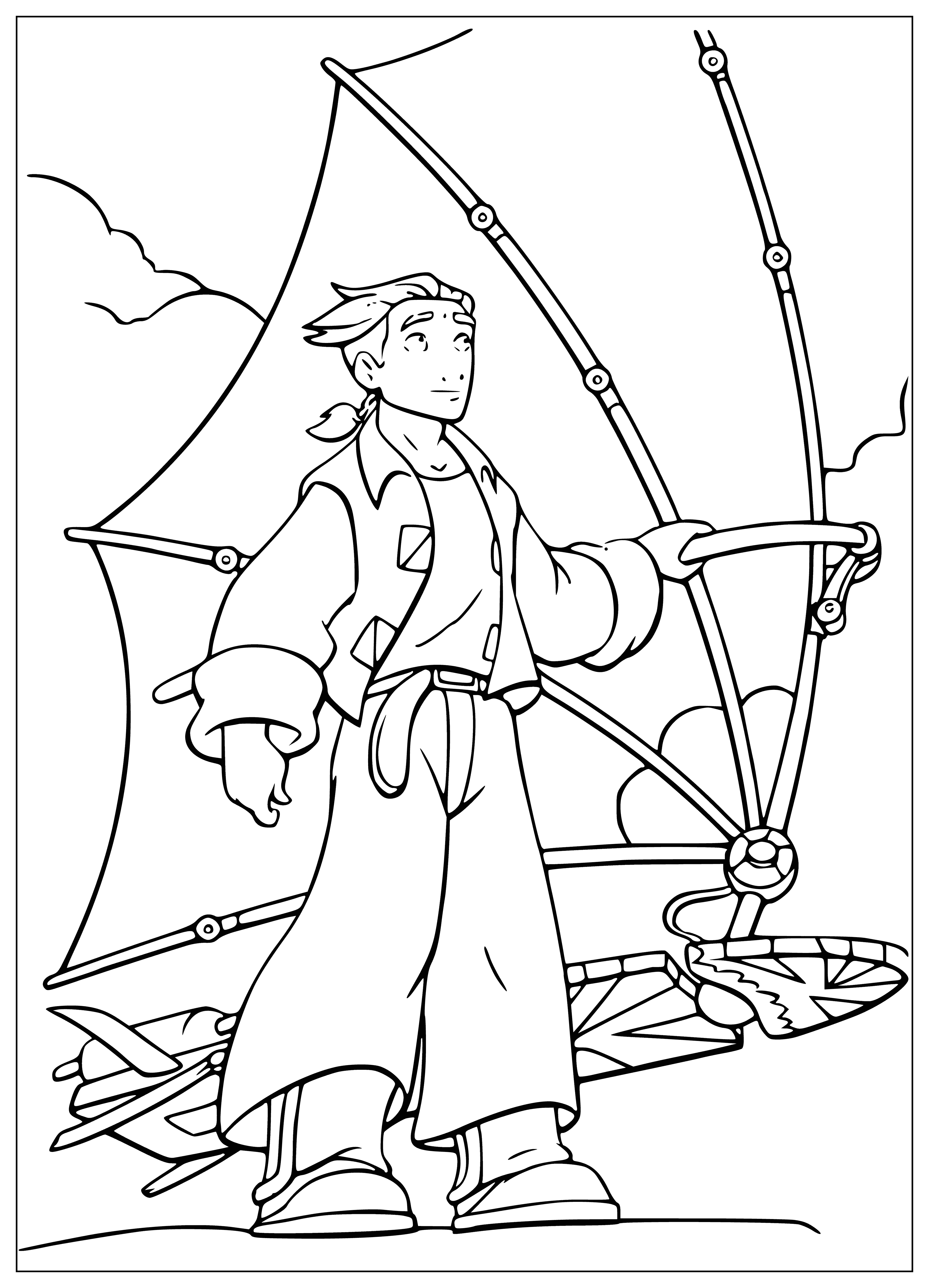 coloring page: Sailing ship basks in the sun, sails aloft, flag atop the mast, distant on the calm waters. #seascape