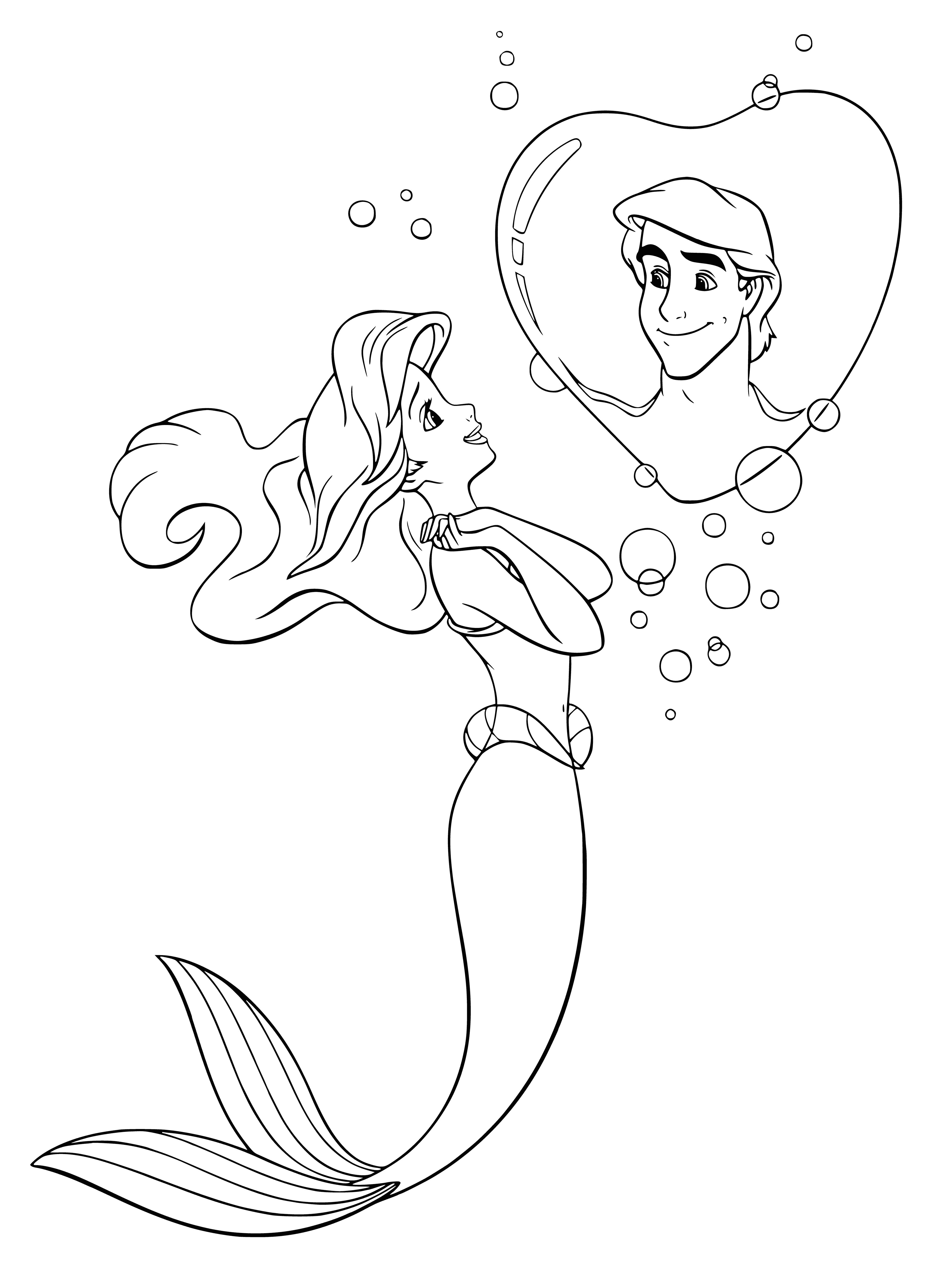 coloring page: Ariel loves the prince and excitedly awaits making him hers.