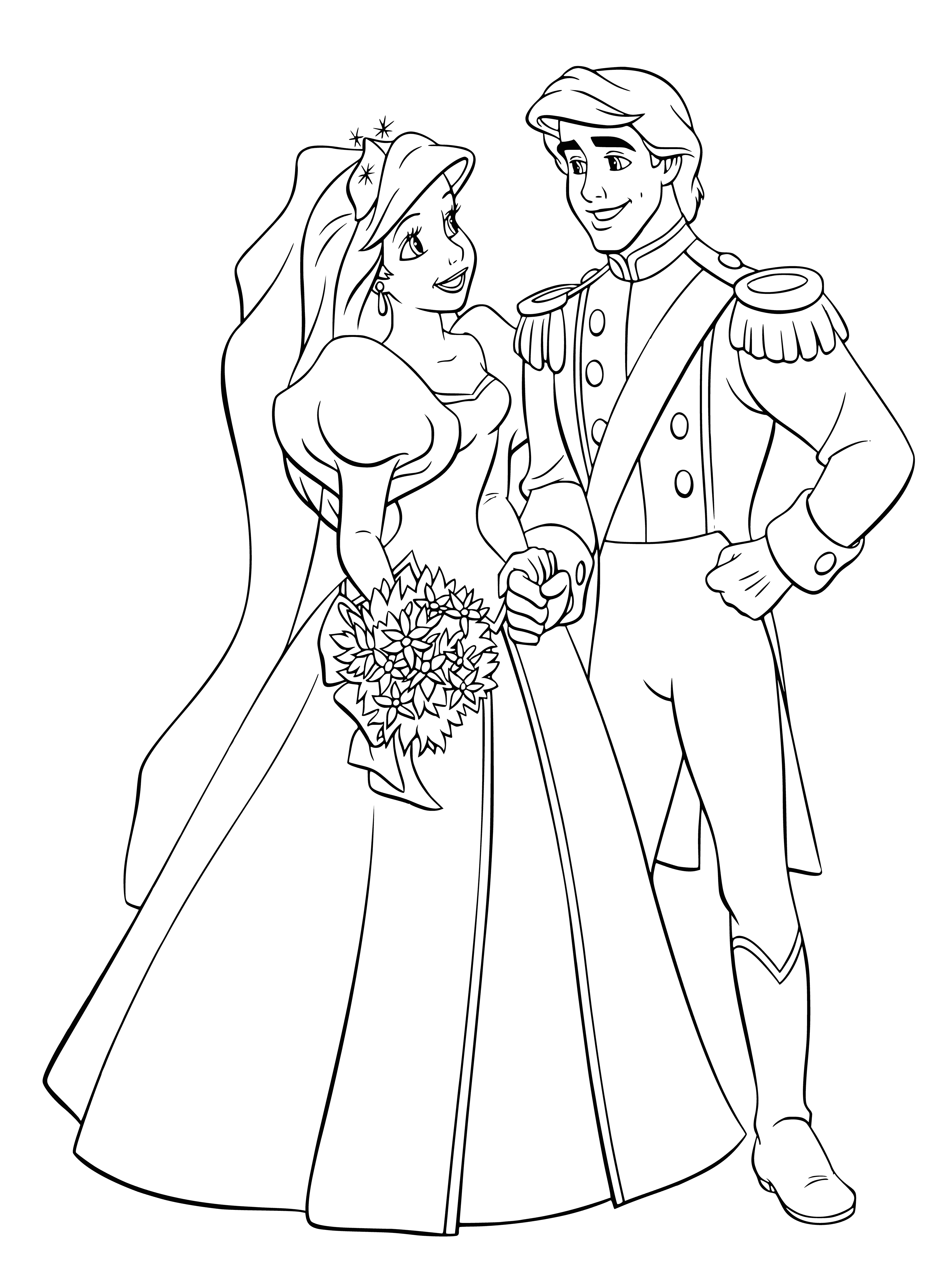 coloring page: A bridge, white swans, archway, table, wedding cake, bride & groom, Ariel in white dress, Eric in black vest, trees, flowers, blue sky - there's a lot to color in this scene!