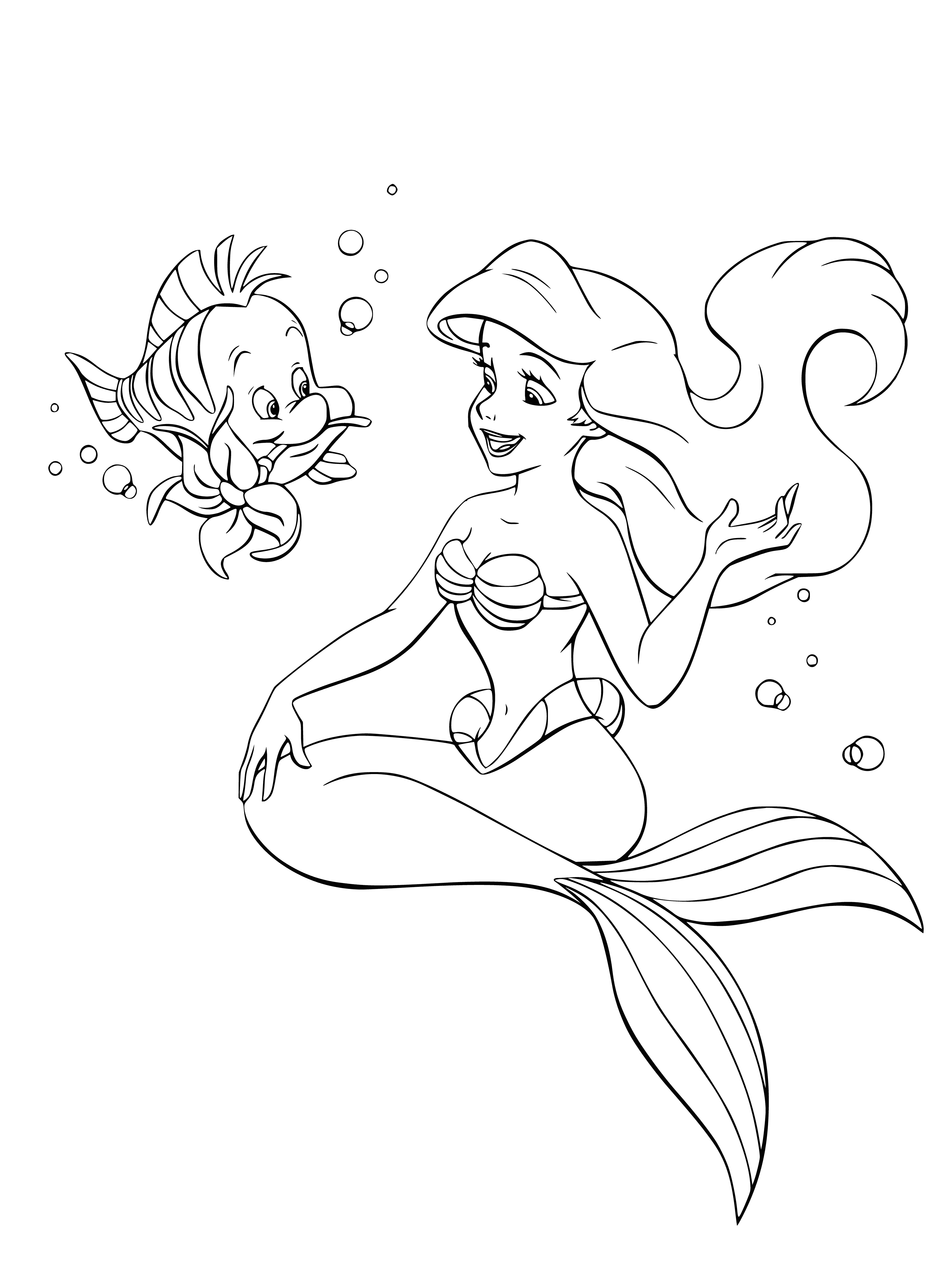 coloring page: Ariel and Sebastian sit on a rock in the ocean, Ariel holding a book and Sebastian looking at her.