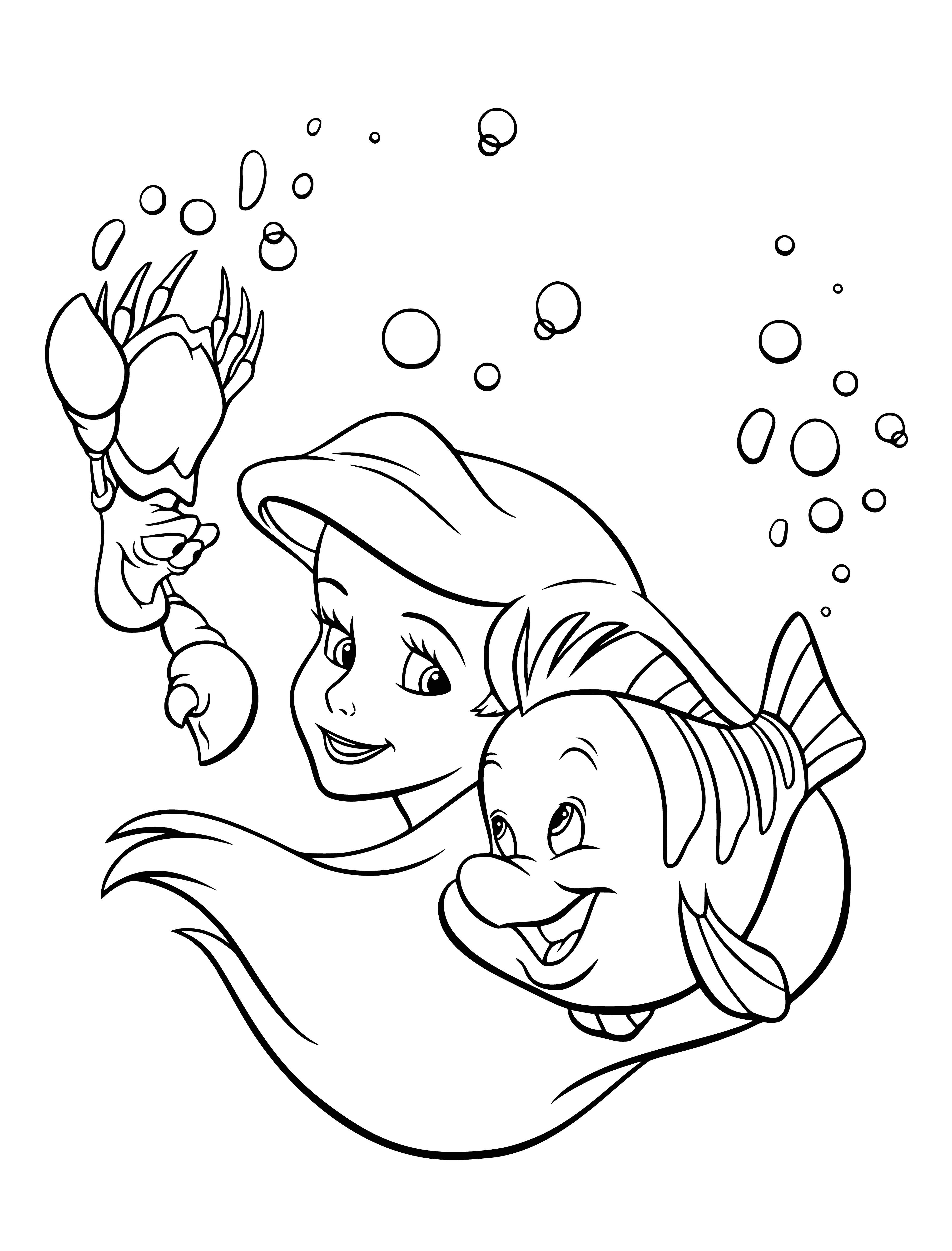 coloring page: Ariel, a mermaid with pink seashell top and a purple fishtail, frolicking happily with friends Flounder and Sebastian under the sea in a magical kingdom.