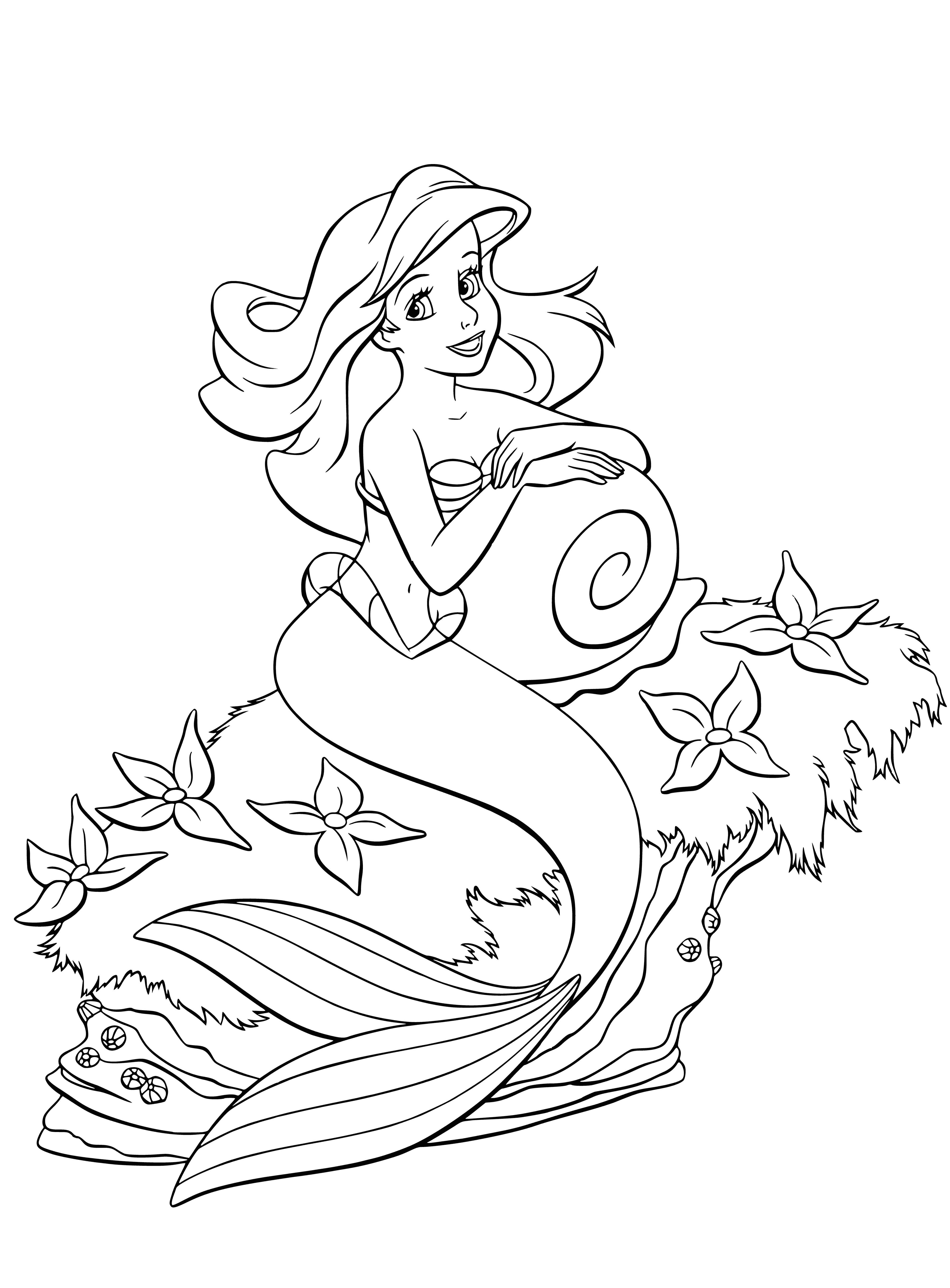 coloring page: Little mermaid Ariel sits on a rock in the water in a bikini top and fishtail, holding a shell and wearing a coral necklace. #DisneyPrincess