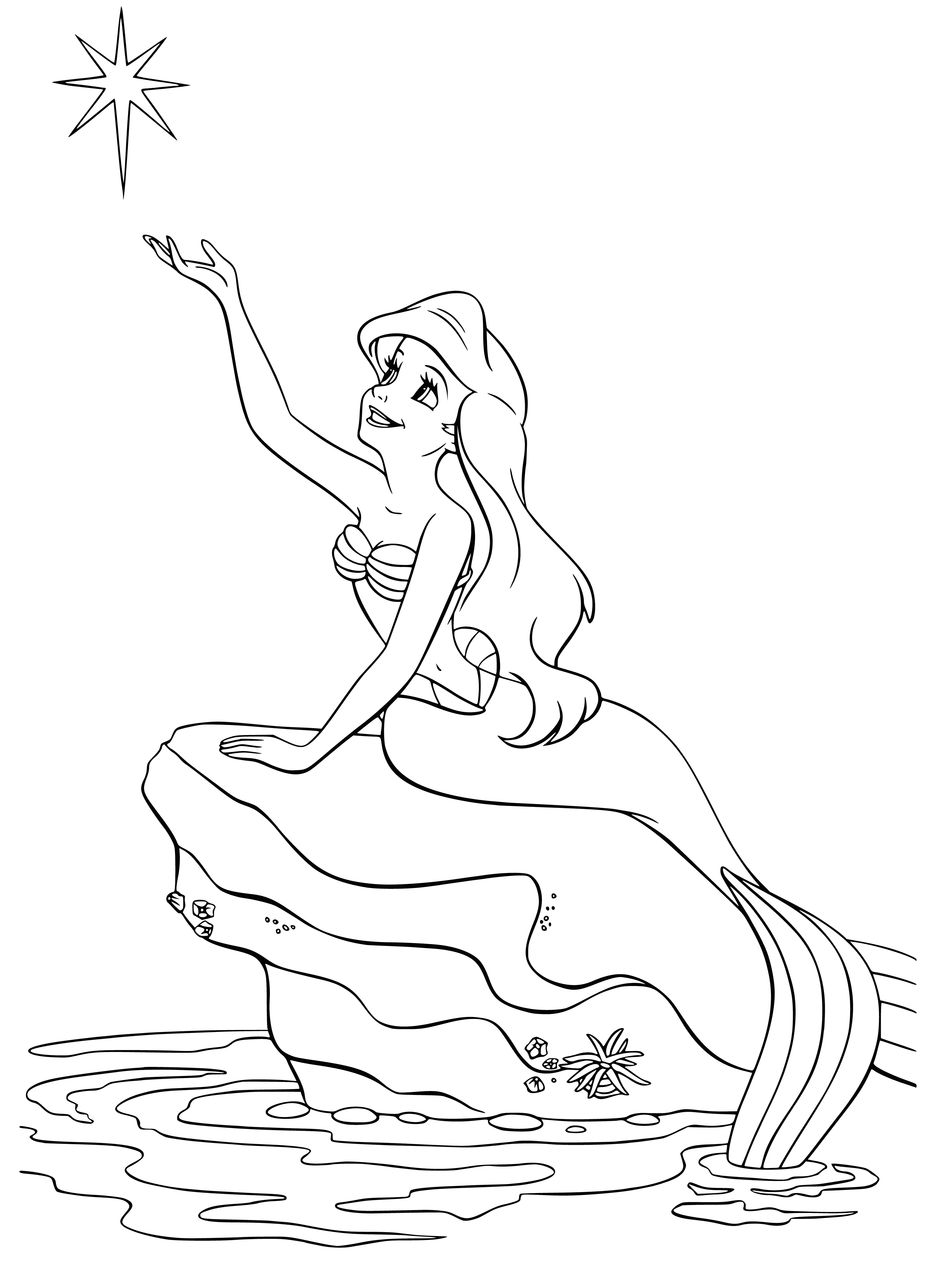coloring page: Little mermaid swims on the surface of the sea, with long hair & a tail, gazing up to the sky. #thelittlemermaid