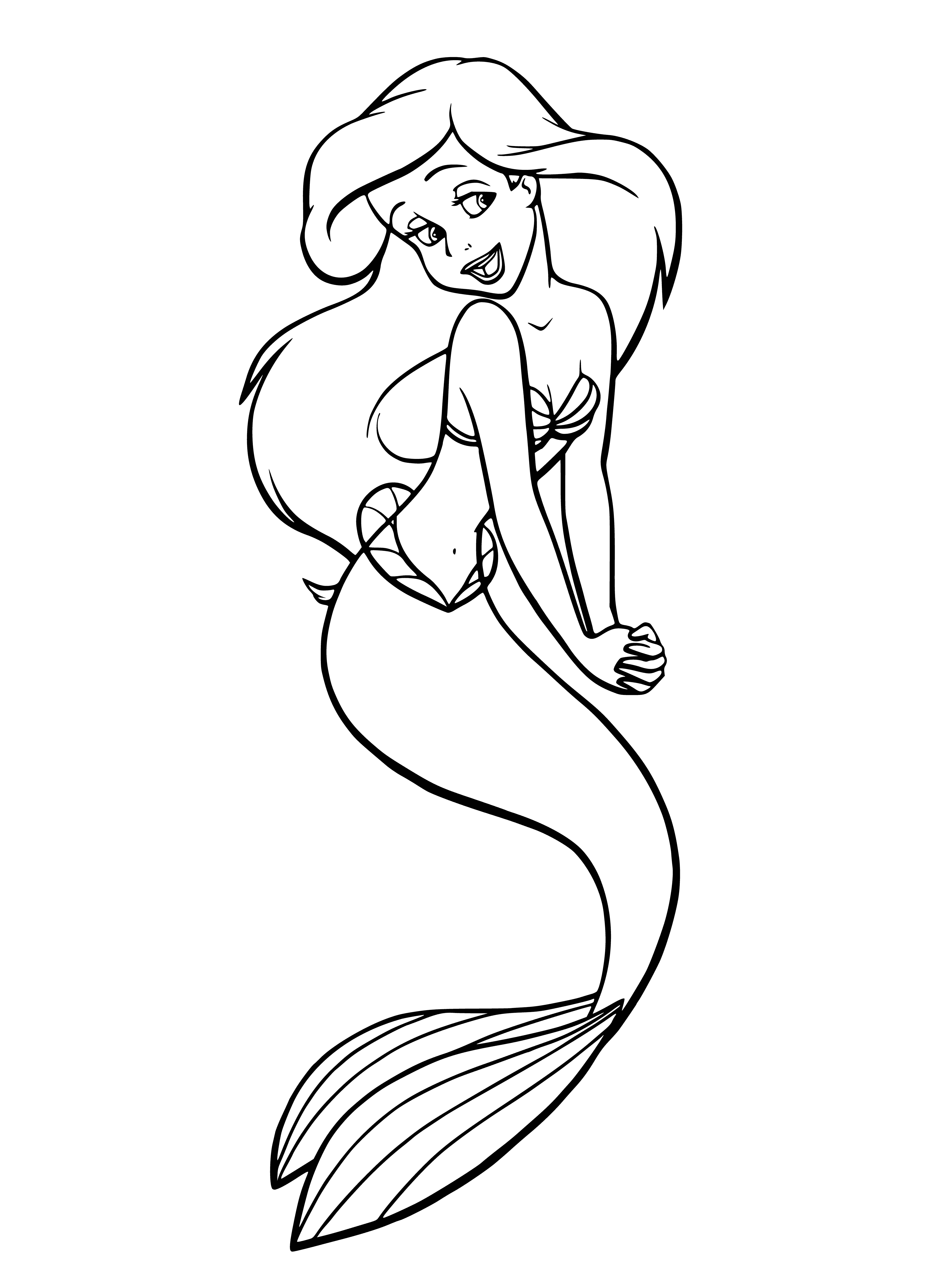 coloring page: Mermaid w/ red hair, green tail & purple Seashell bra sits on rock in light blue water surrounded by coral & holds starfish.