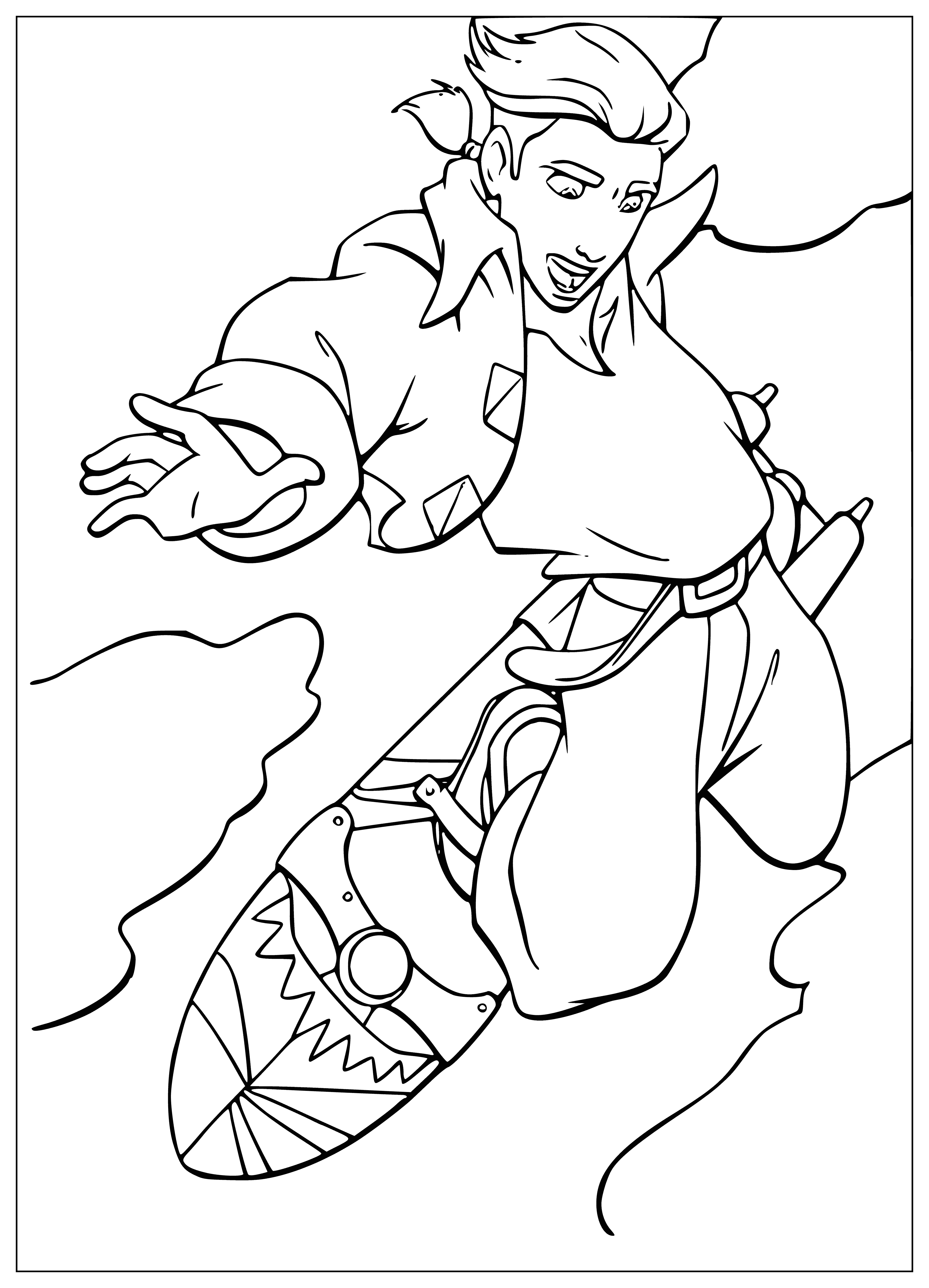 coloring page: Boy with shaggy black hair flies on board, wearing red shirt with star, blue jeans and shoes with white laces. Holding black staff with white orb.