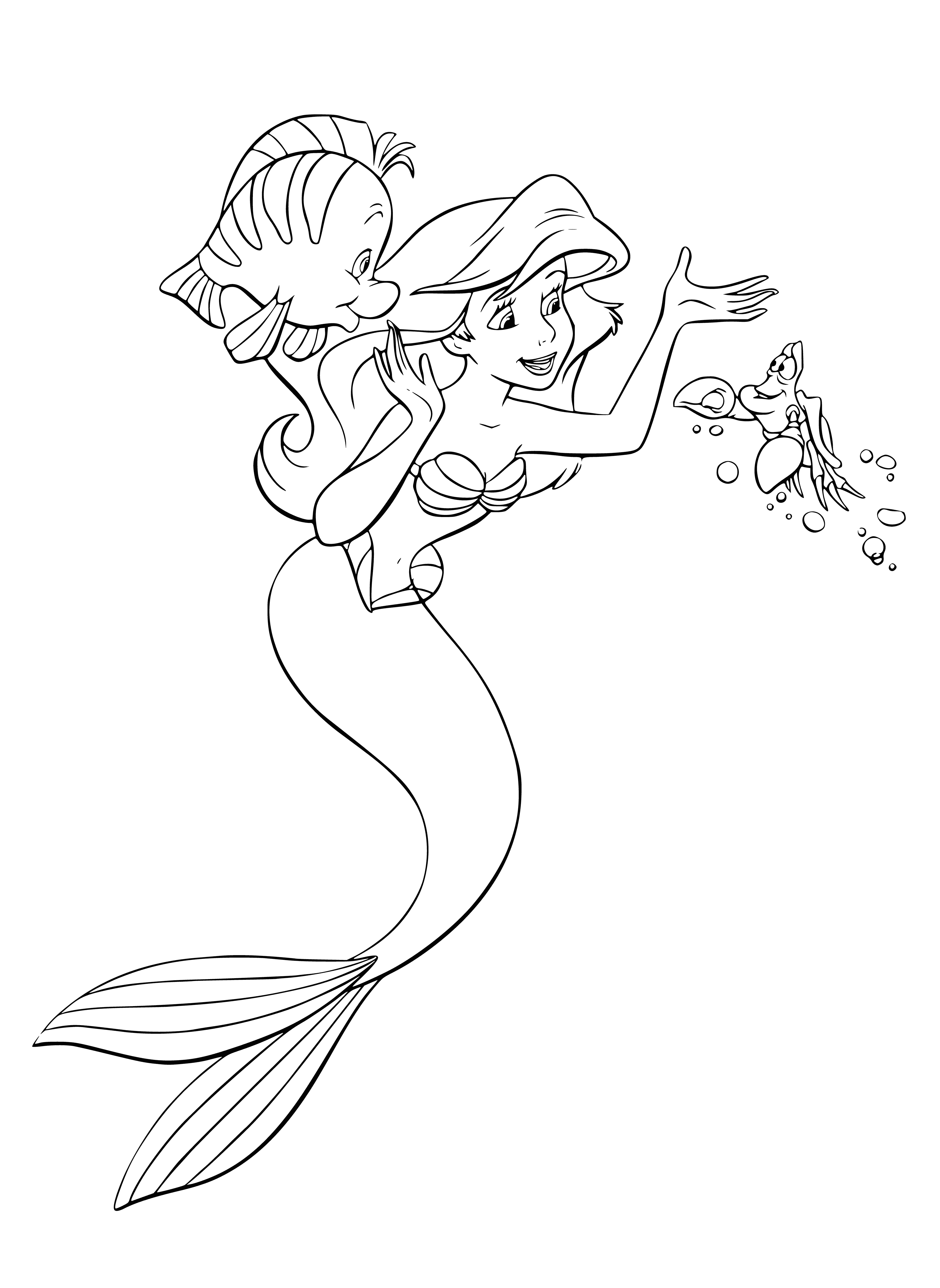 coloring page: Ariel and her friends Flounder and Sebastian swim in the ocean, smiling and happy with their arms around each other. #TheLittleMermaid