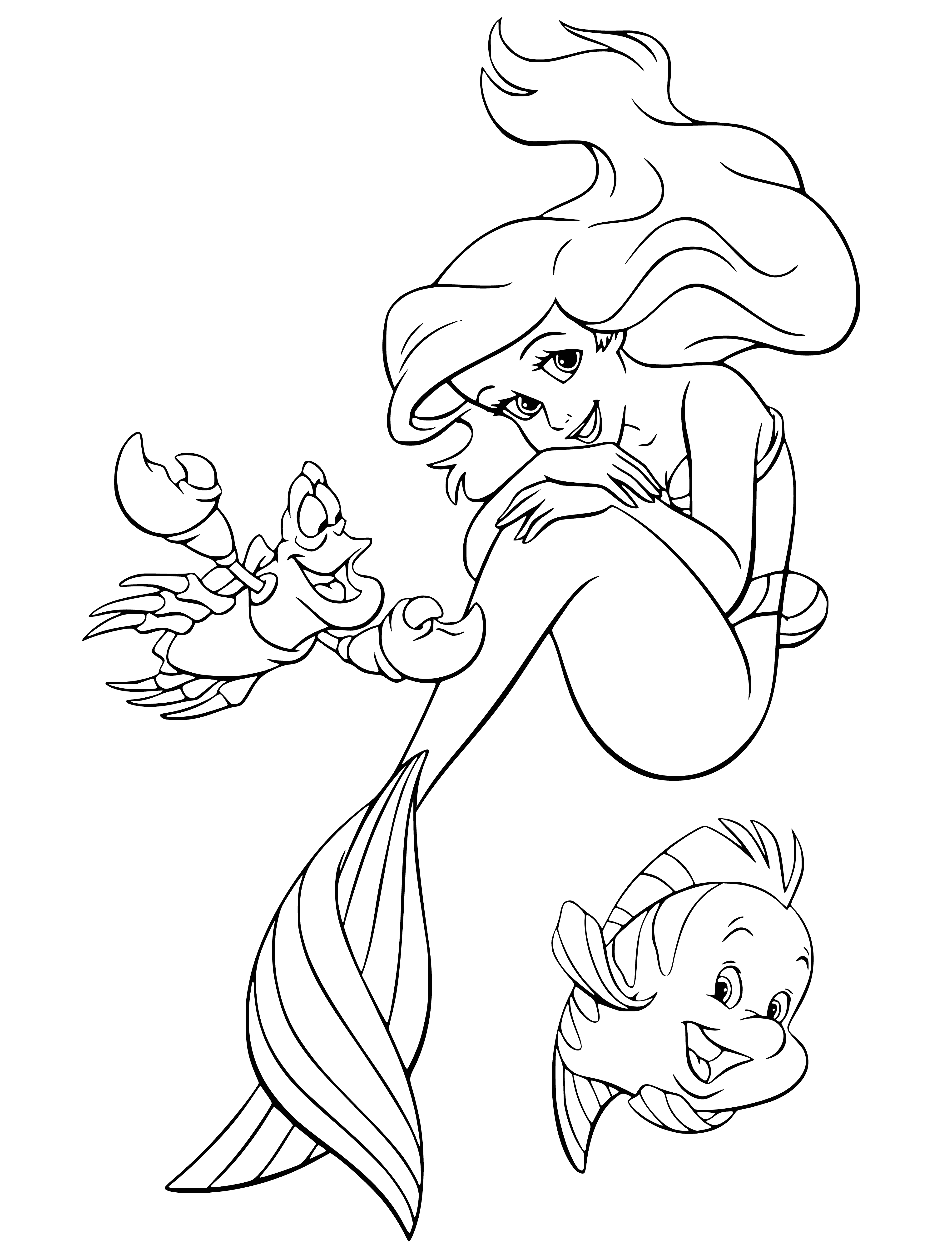 coloring page: Mermaid Ariel stands in peaceful lagoon, holding a conch shell, wearing a greenish-blue tail and matching bikini top. Impish face grins wide.