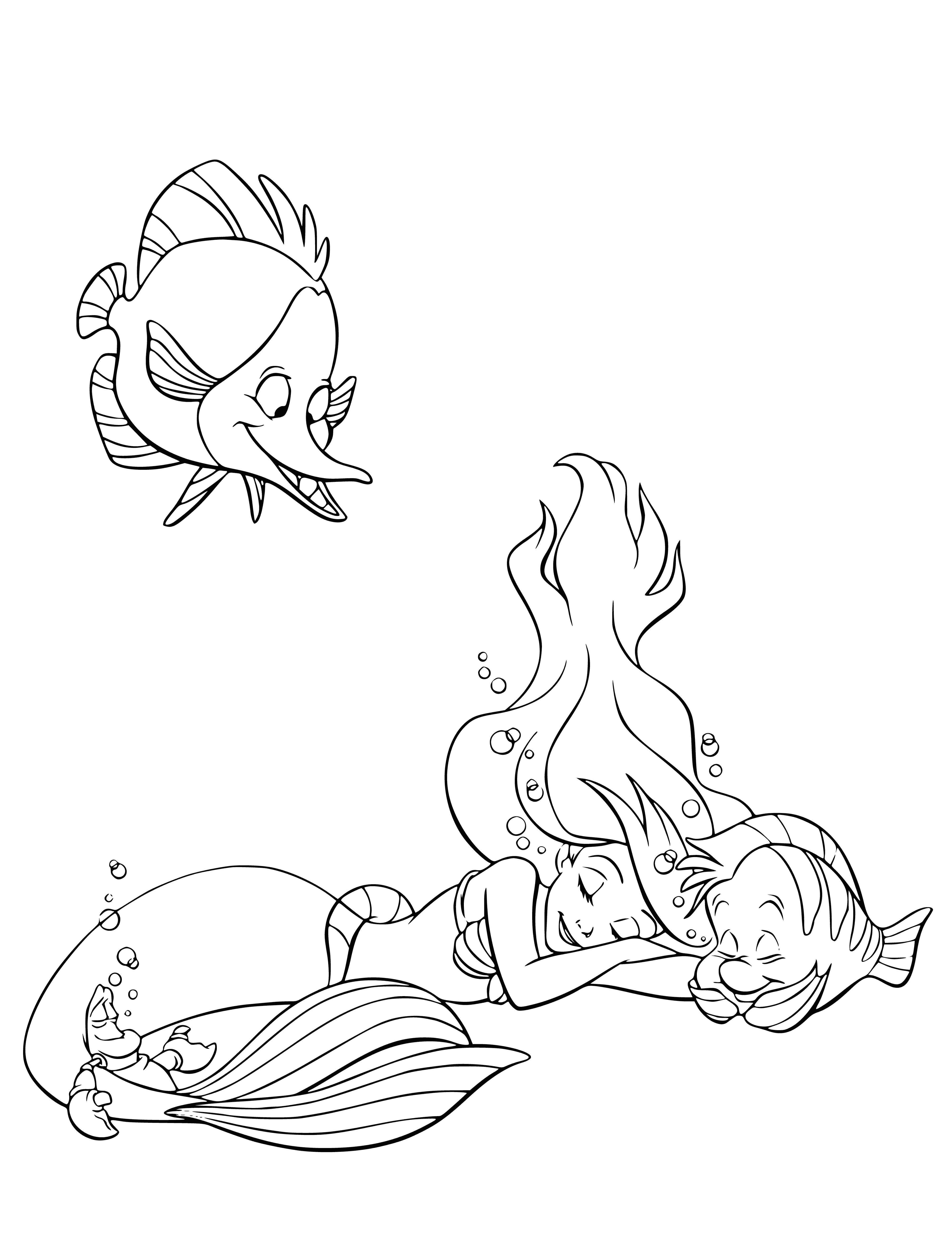 coloring page: Ariel swims and plays among the coral reef with her friends Flounder and Sebastian in her dream, wearing a pink seashell bra and green fishtail, her long red hair flowing behind her.