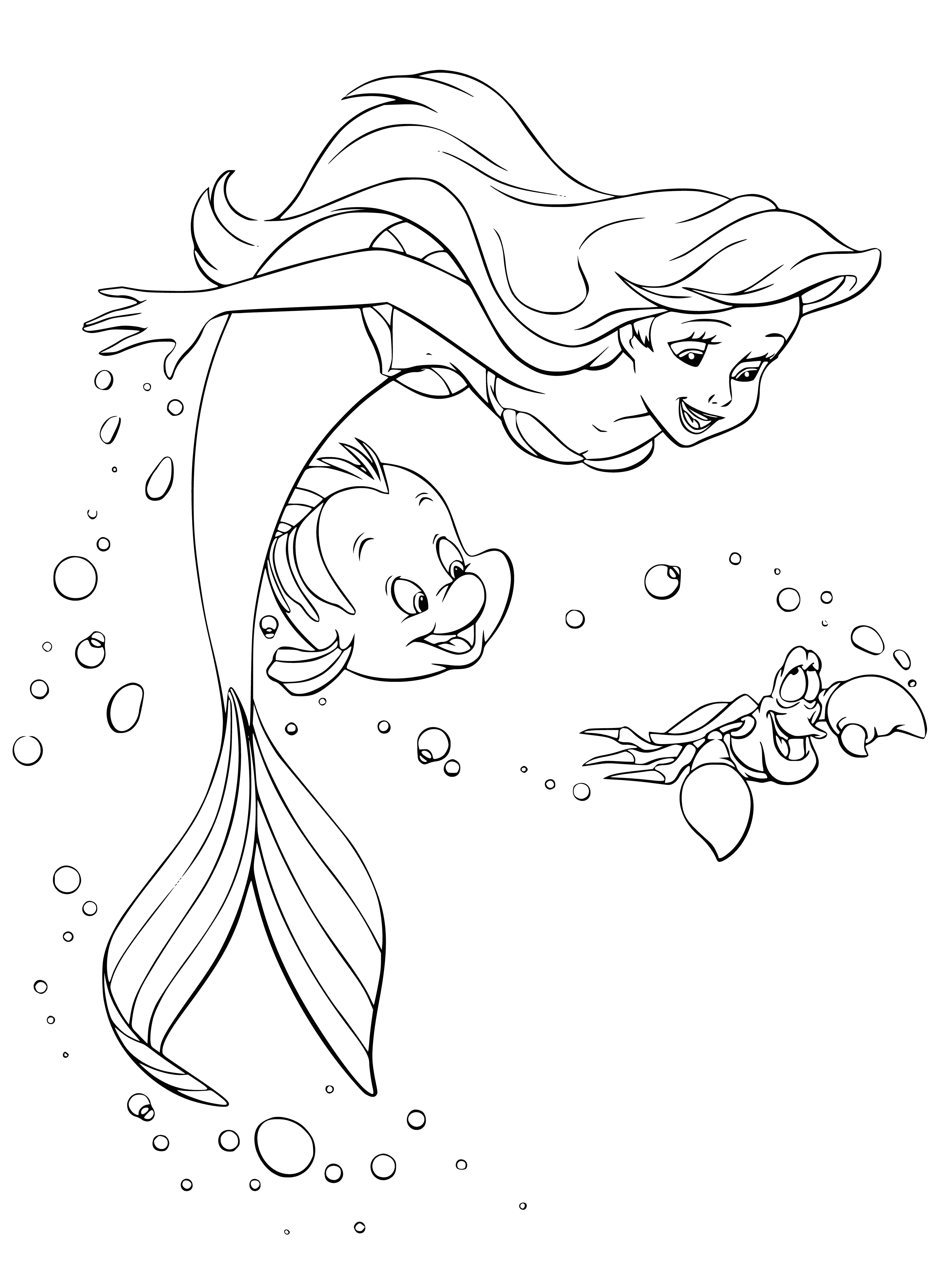 coloring page: .

Ariel listens to a conch shell with Flounder and Sebastian, all smiling. Sebastian holds his claws up in the air.