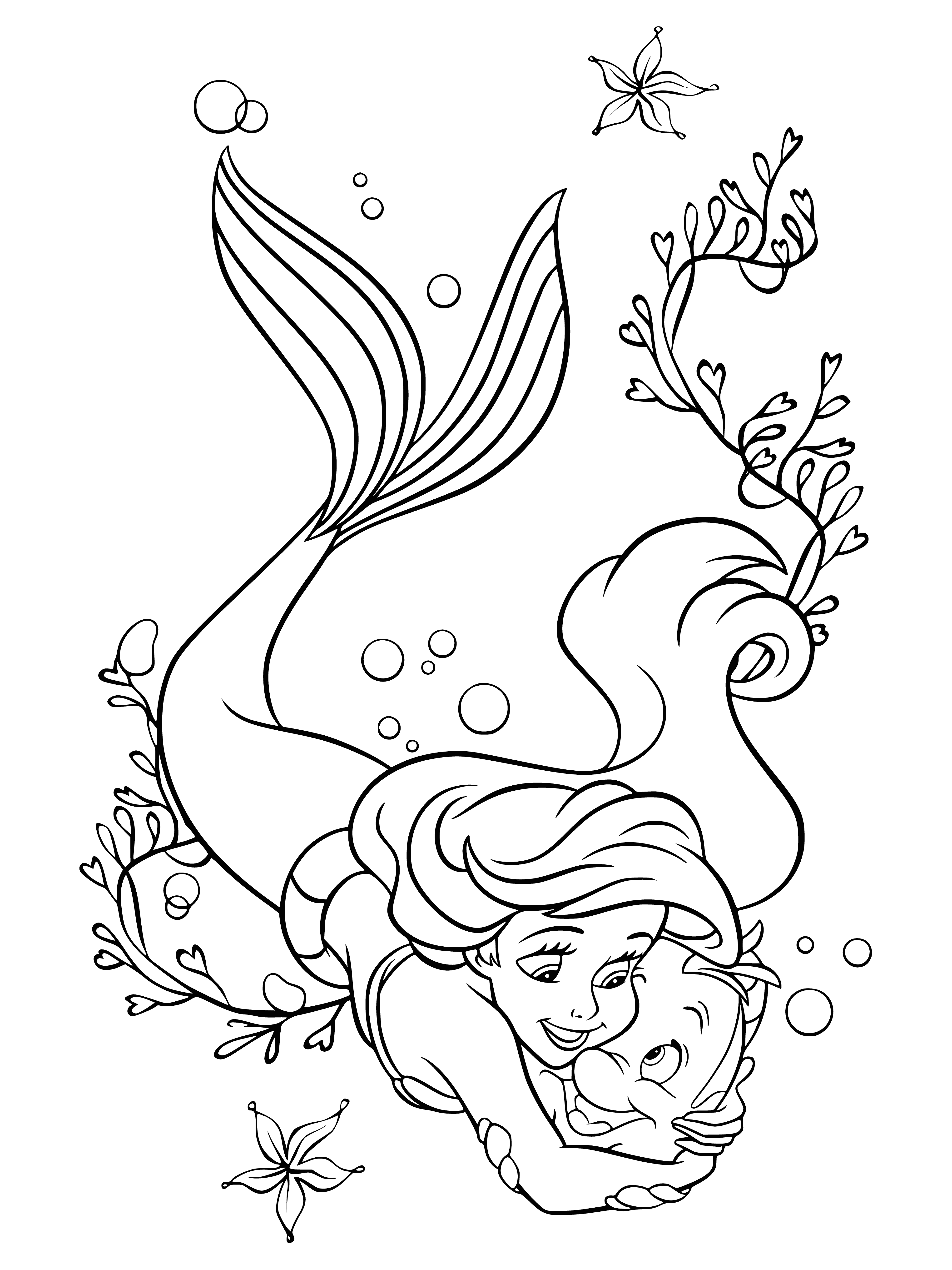 coloring page: Mermaid in water sitting on rock w/ blue tail, wearing purple top. Flounder swimming next to her, orange w/ yellow spots.