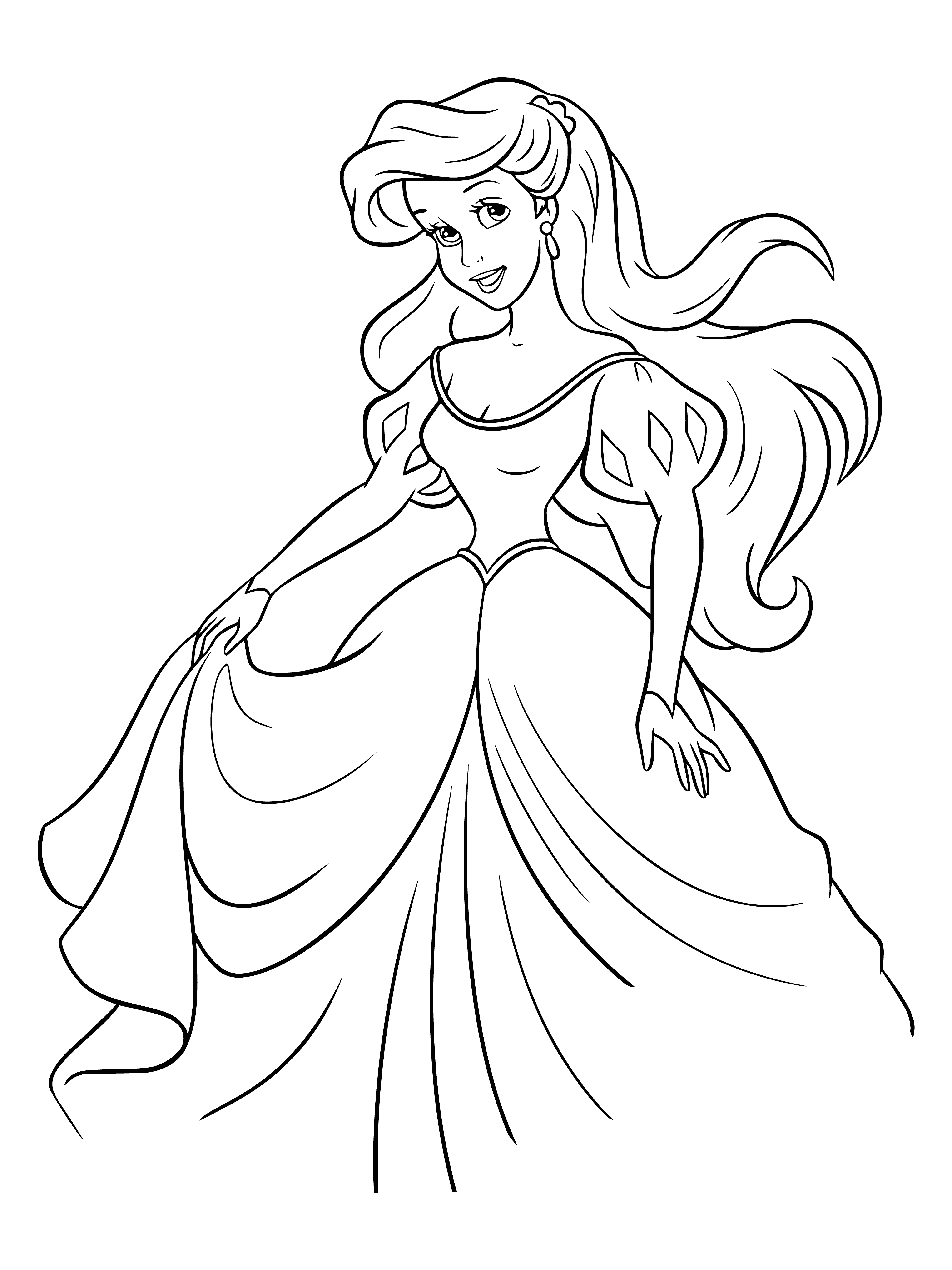 coloring page: Ariel is a delicate woman with long red hair and big green eyes with light freckles, wearing a green dress and white apron, holding a pink flower.