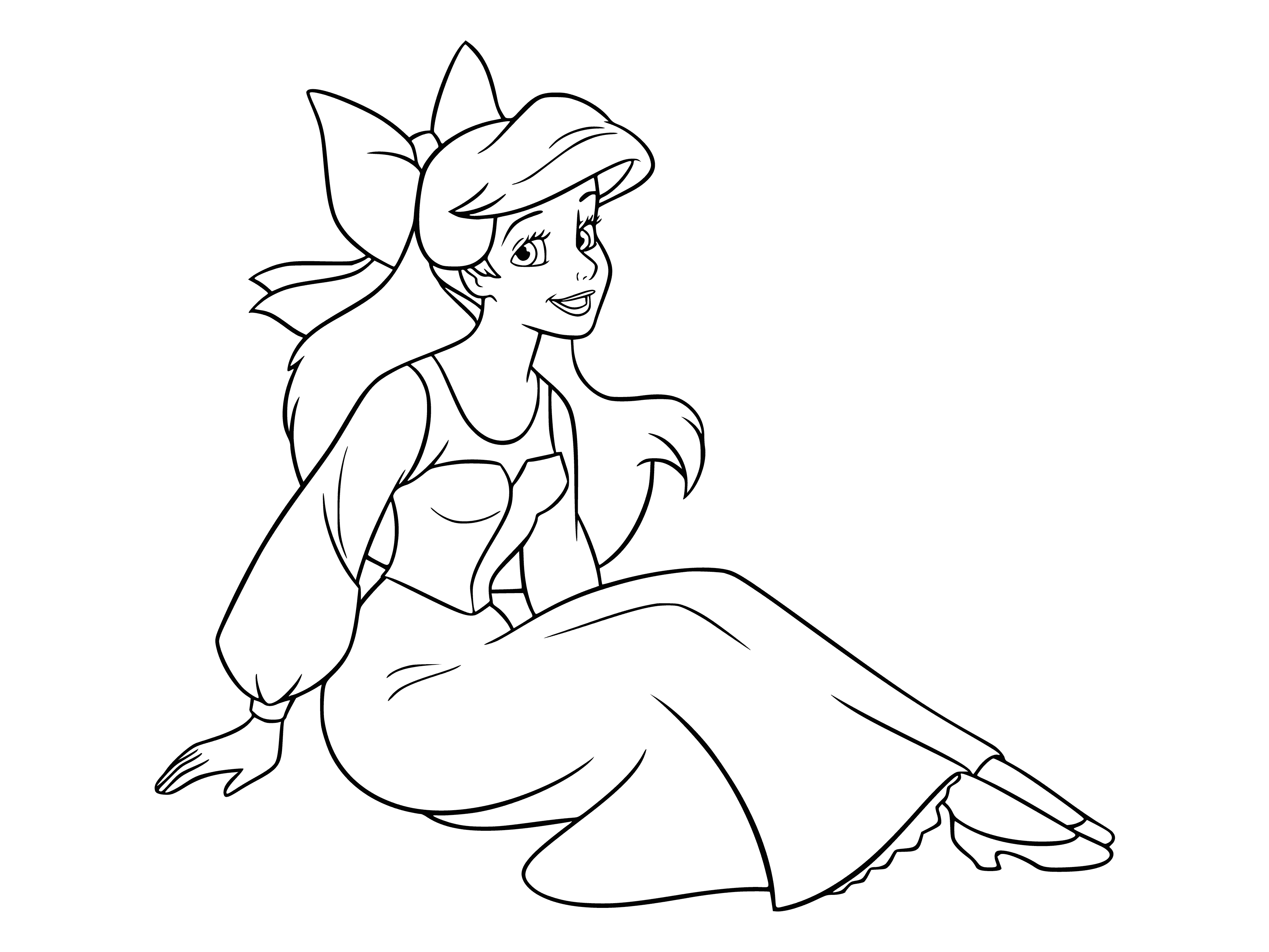 coloring page: The little mermaid looks beautiful in her party dress, happiness radiating around her as she mingles with the other guests.