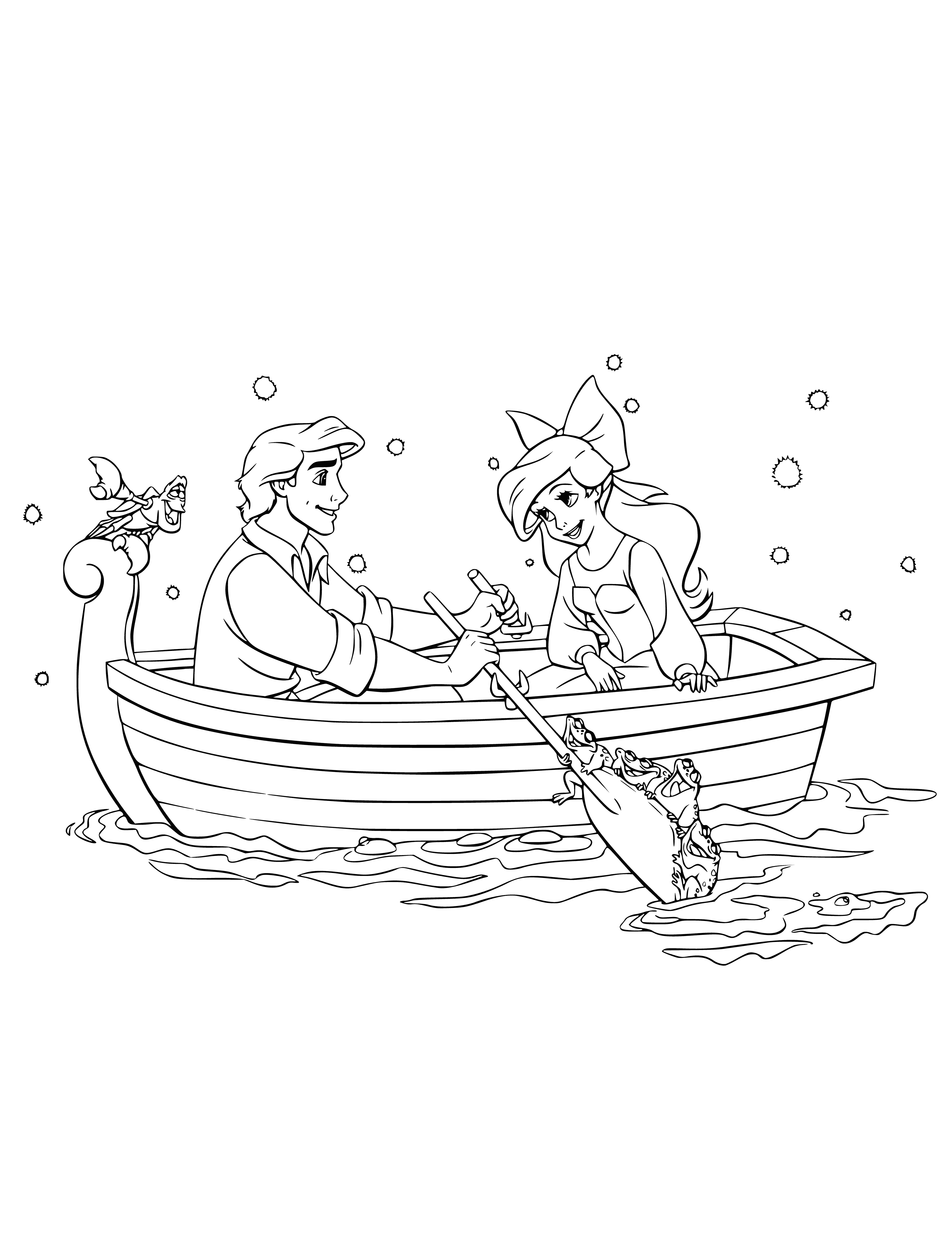 coloring page: Prince on a ship at night holding lantern. Ariel in water looking up, her hair flowing, fish tail. She looks sad.