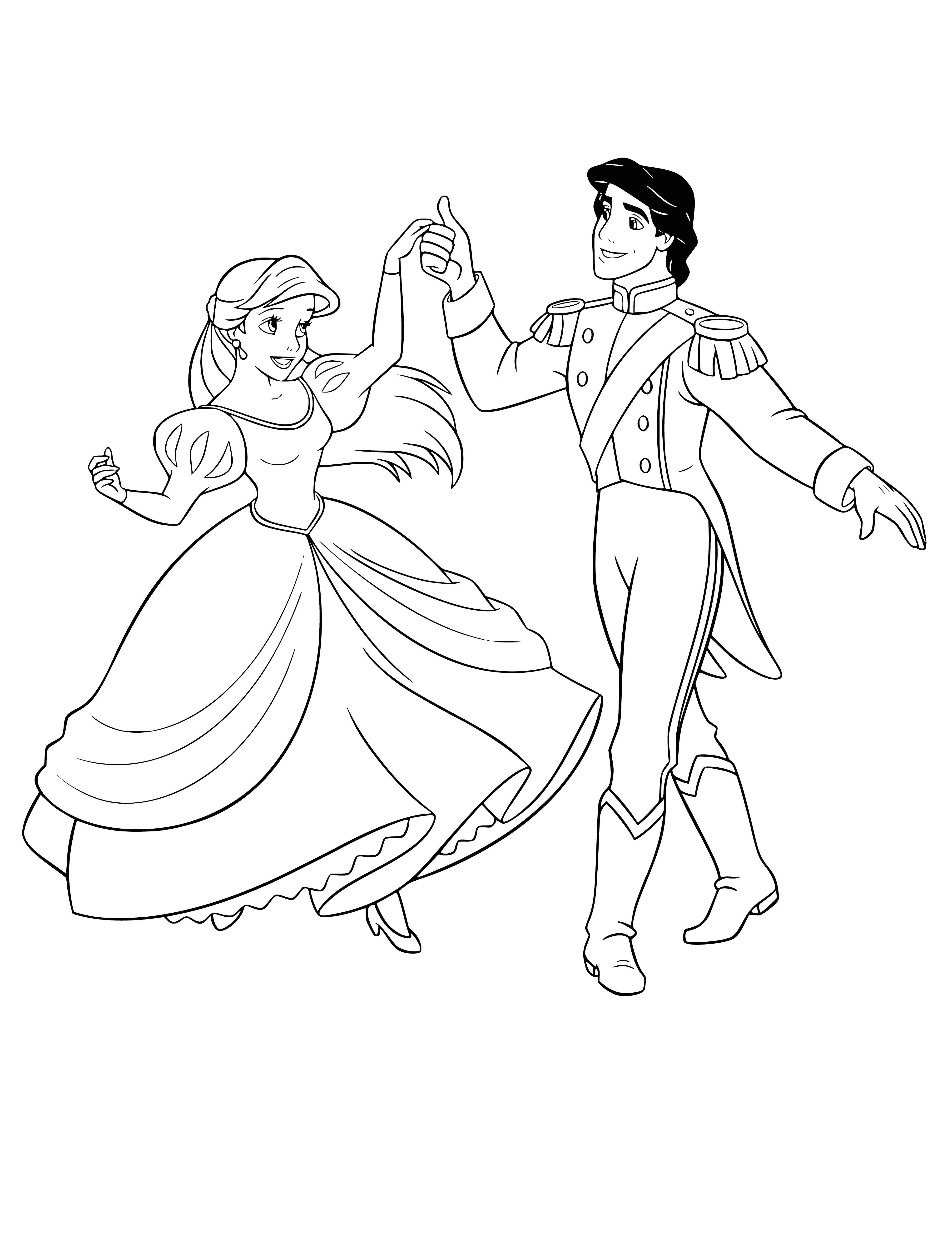 coloring page: Prince & Ariel dance in ballroom, joyfully clad in fancy dress. They smile & laugh, enjoying each other's company.
