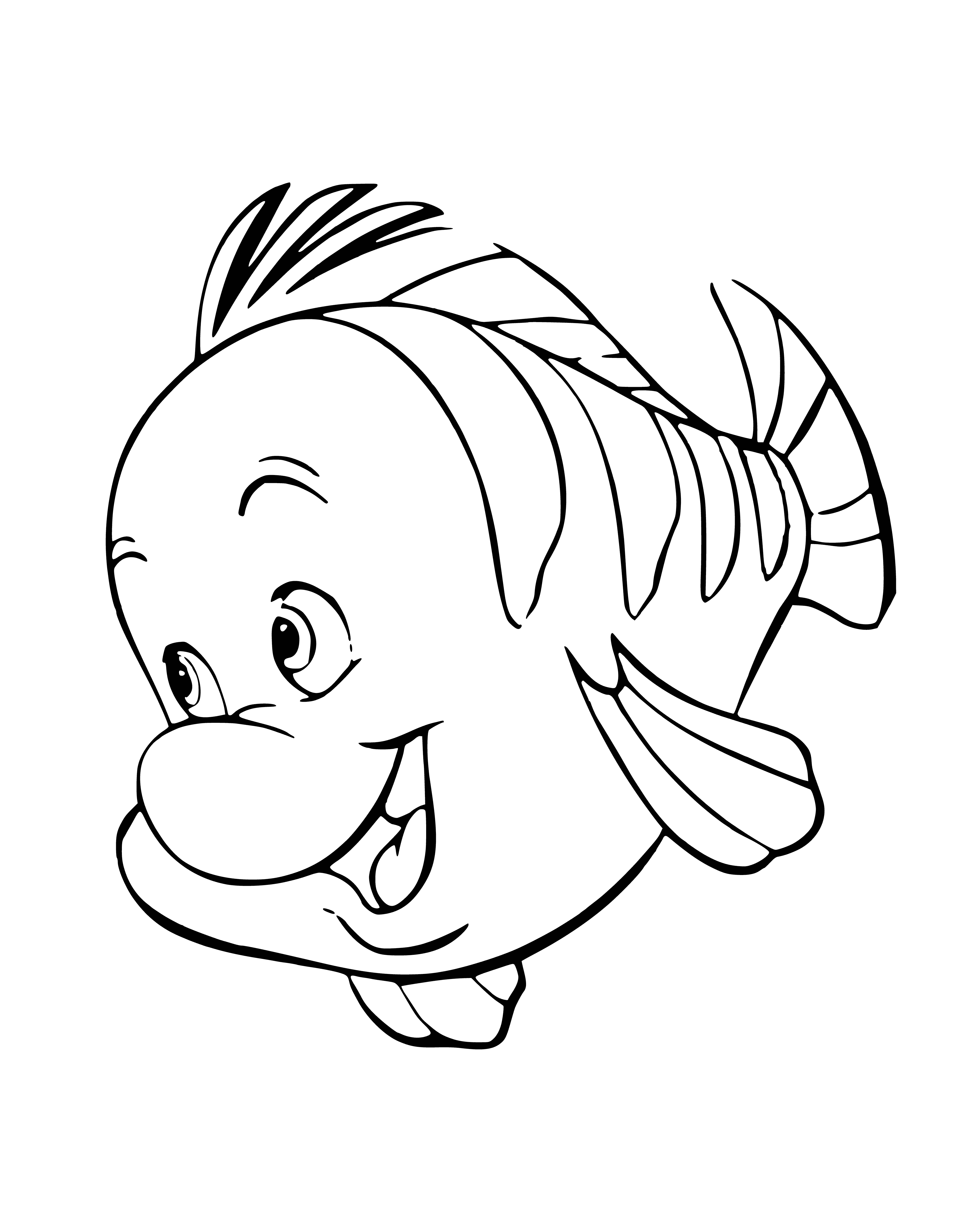 coloring page: Small fish with brown body, light brown spots, large mouth, thin lips, small fins, and long tail.