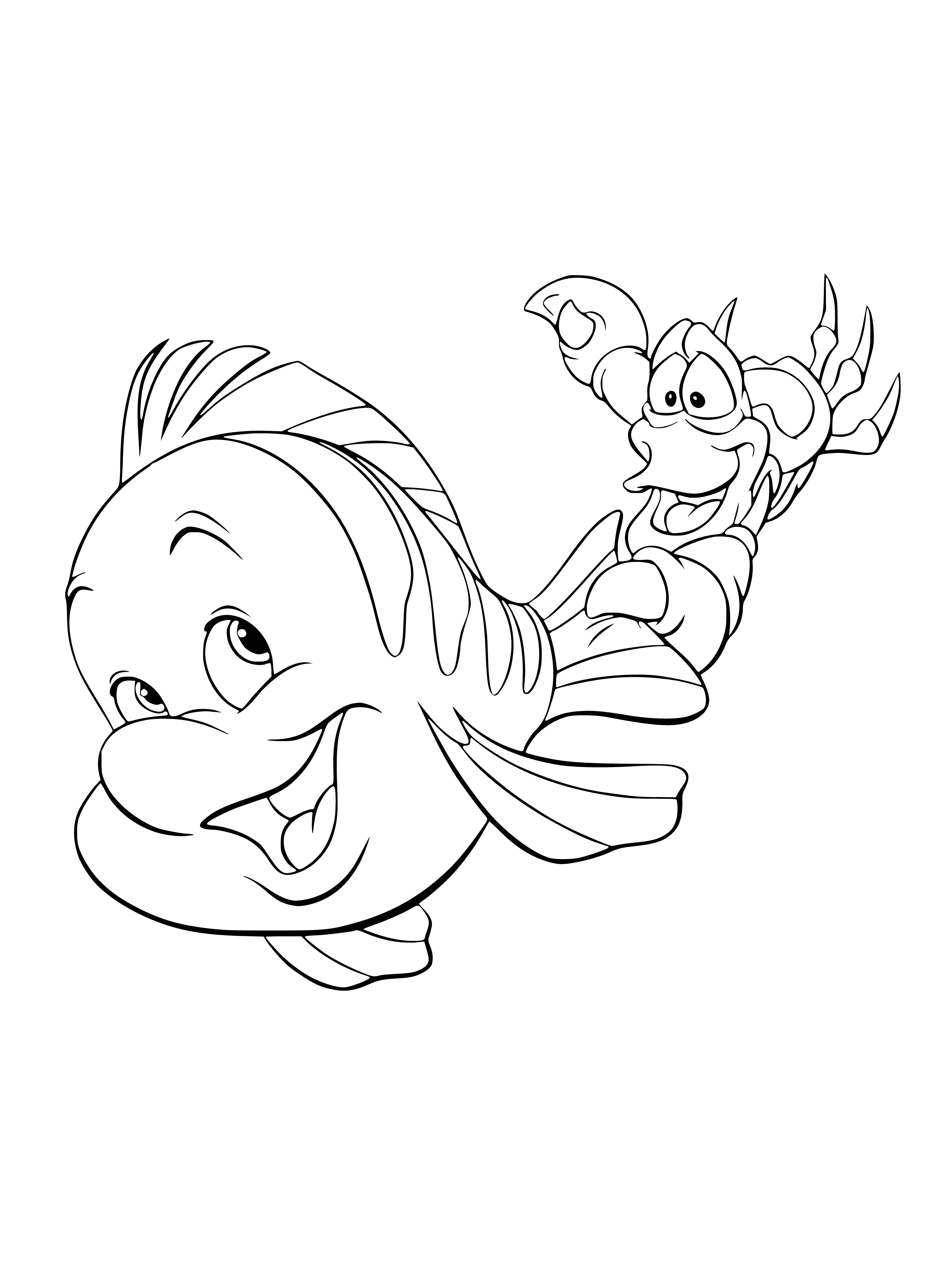 coloring page: Flounder & Sebastian swim in the ocean: Flounder a blue fish w/ yellow fins & big eyes; Sebastian a red crab w/ big claws & big smile.