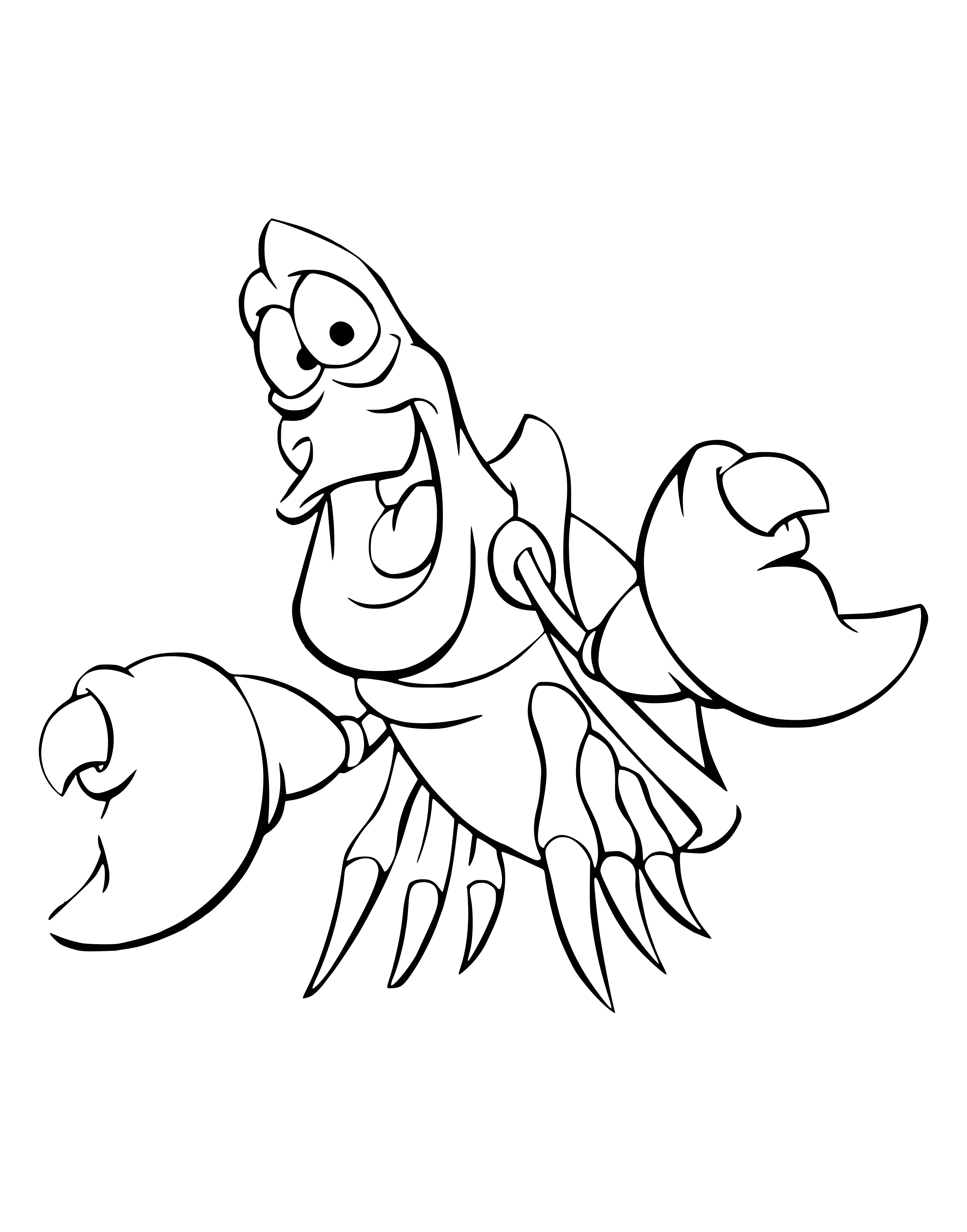 coloring page: Small crab perched on a rock in the ocean looking up happily with two large claws and a dark brown shell. #crabs