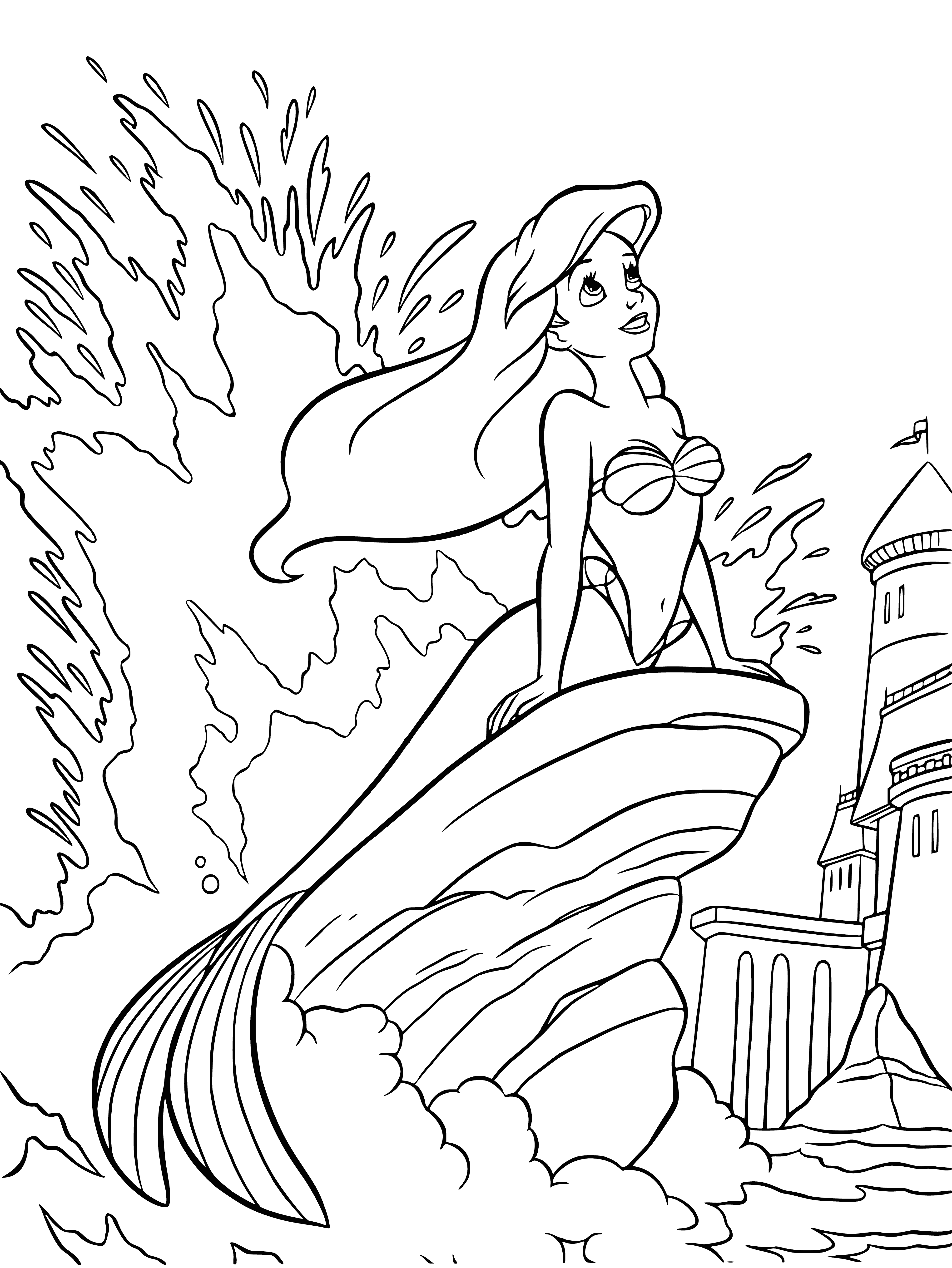 coloring page: Sad little mermaid sitting in a pool, wearing a purple bikini, green eyes, red hair and looking sadly into the sky. #MermaidLife