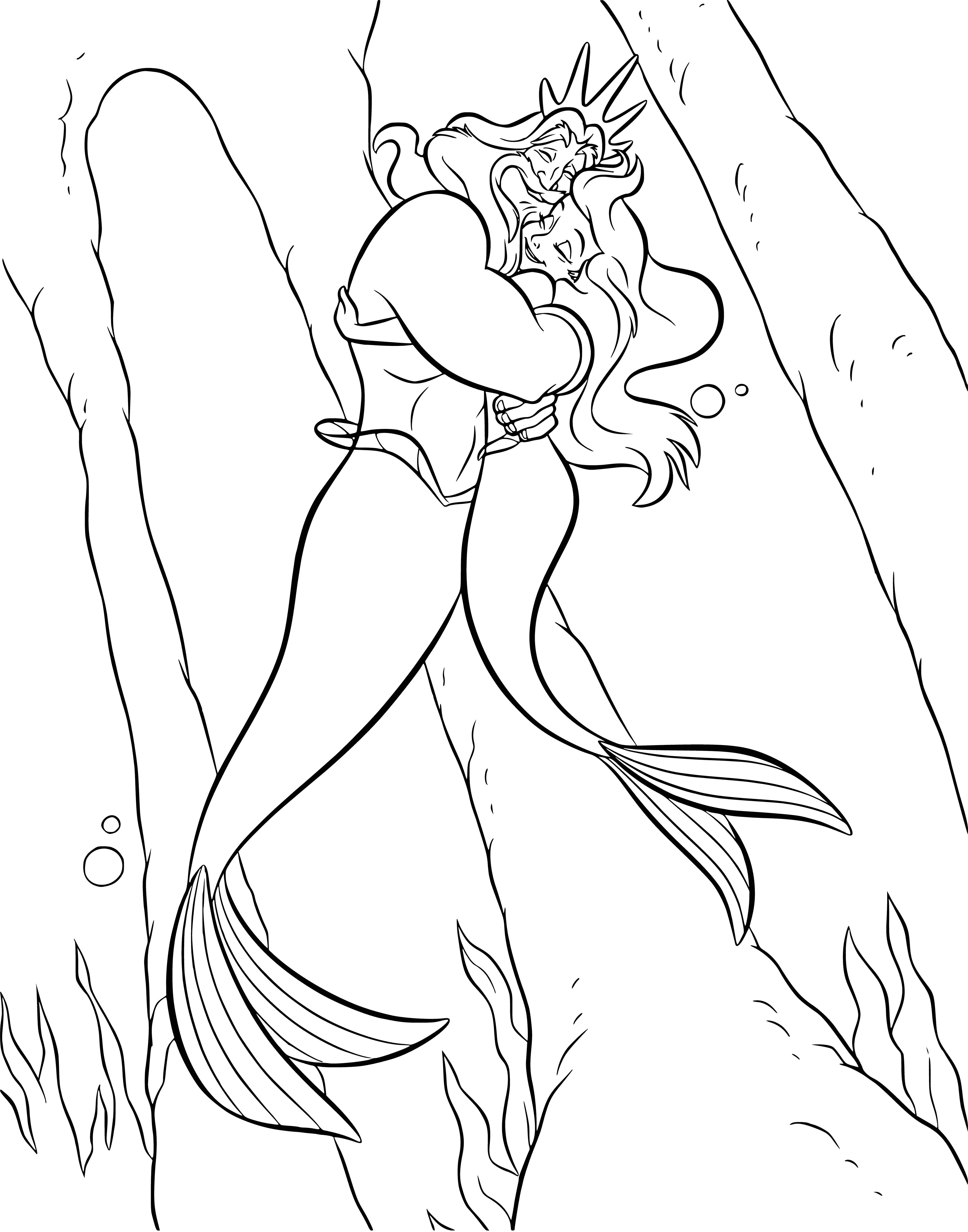 coloring page: Ariel and King Triton swim amidst a coral reef and fish in a coloring page.