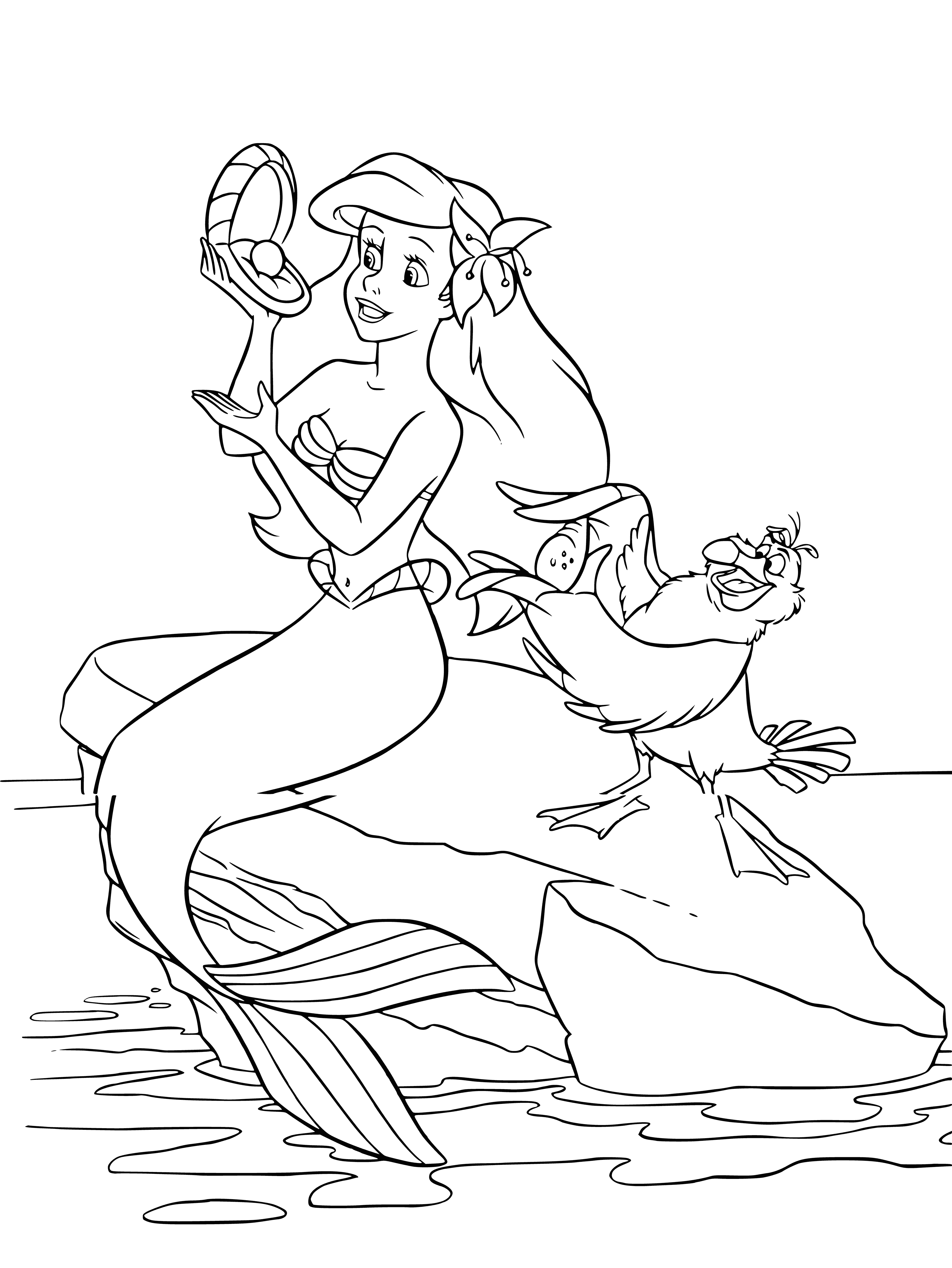 coloring page: Mermaid holds pearl w/ happiness, pearl's white and shiny, perfect and smooth.