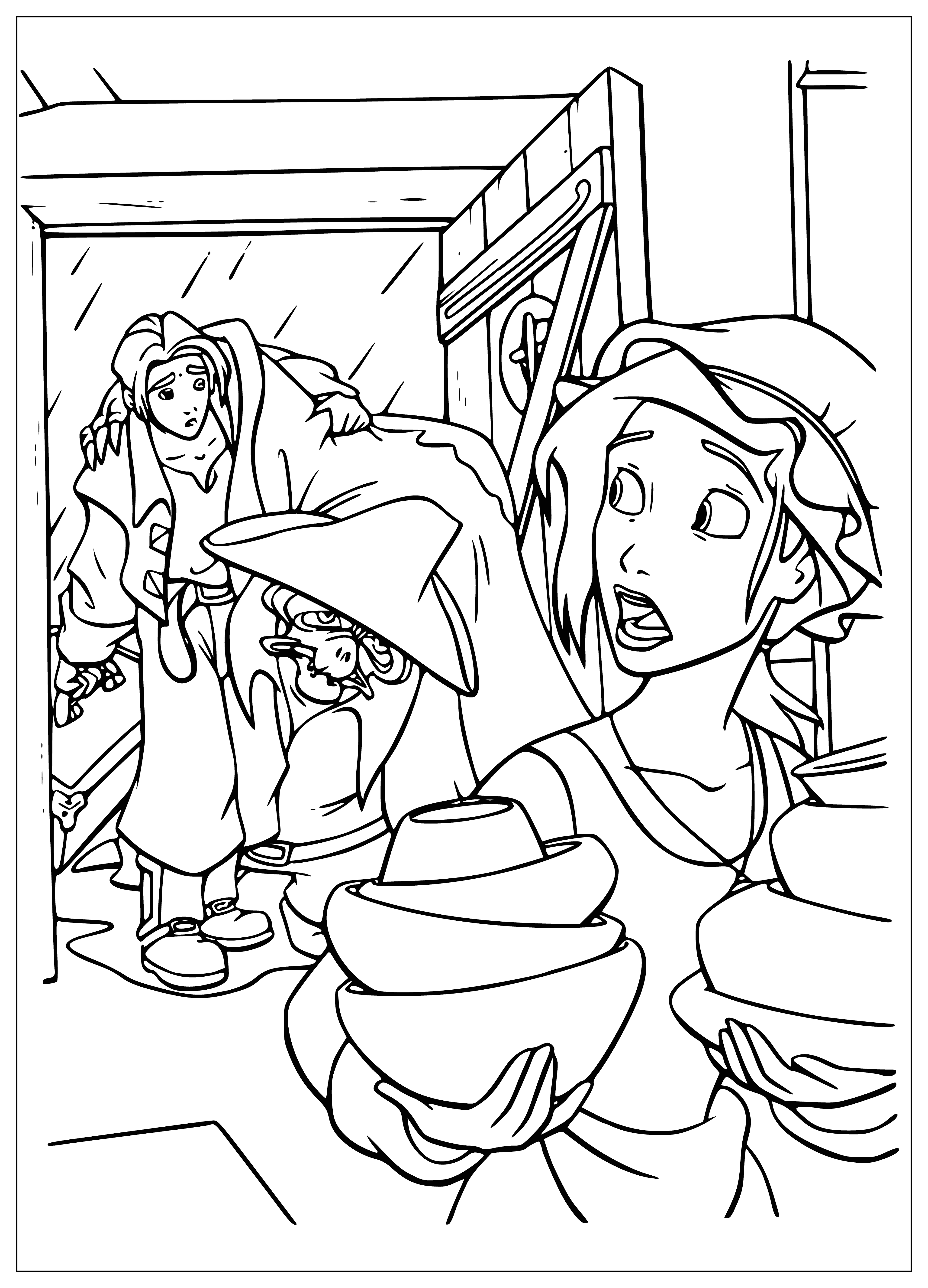 coloring page: An old sailor looks at a yellow/brown treasure map, wearing blue shirt/red hat, with a sword in his belt.