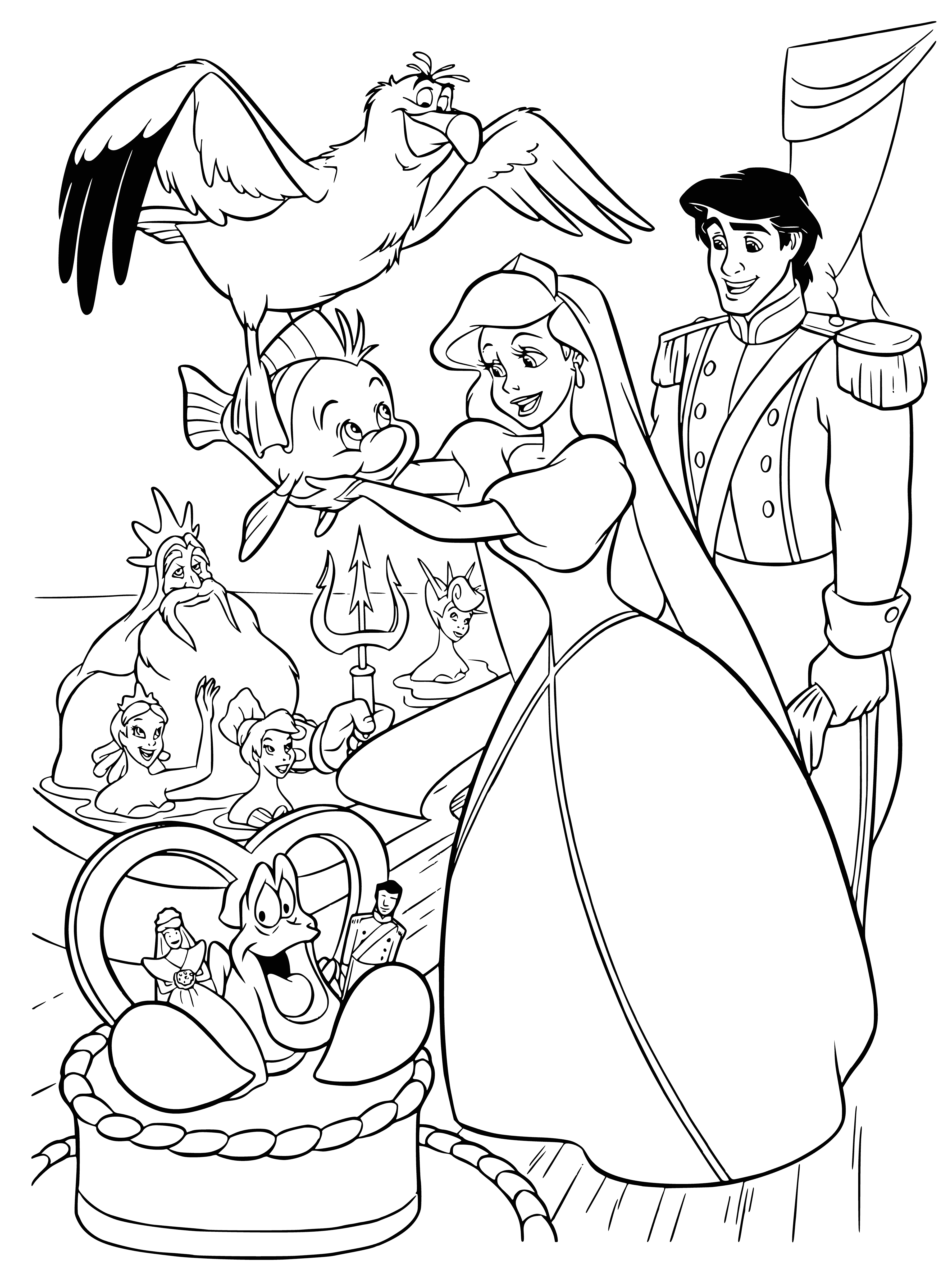 coloring page: Prince & Mermaid get married; white dress & black tux, witnessed by minister & 2 others. Looks romantic & elegant.