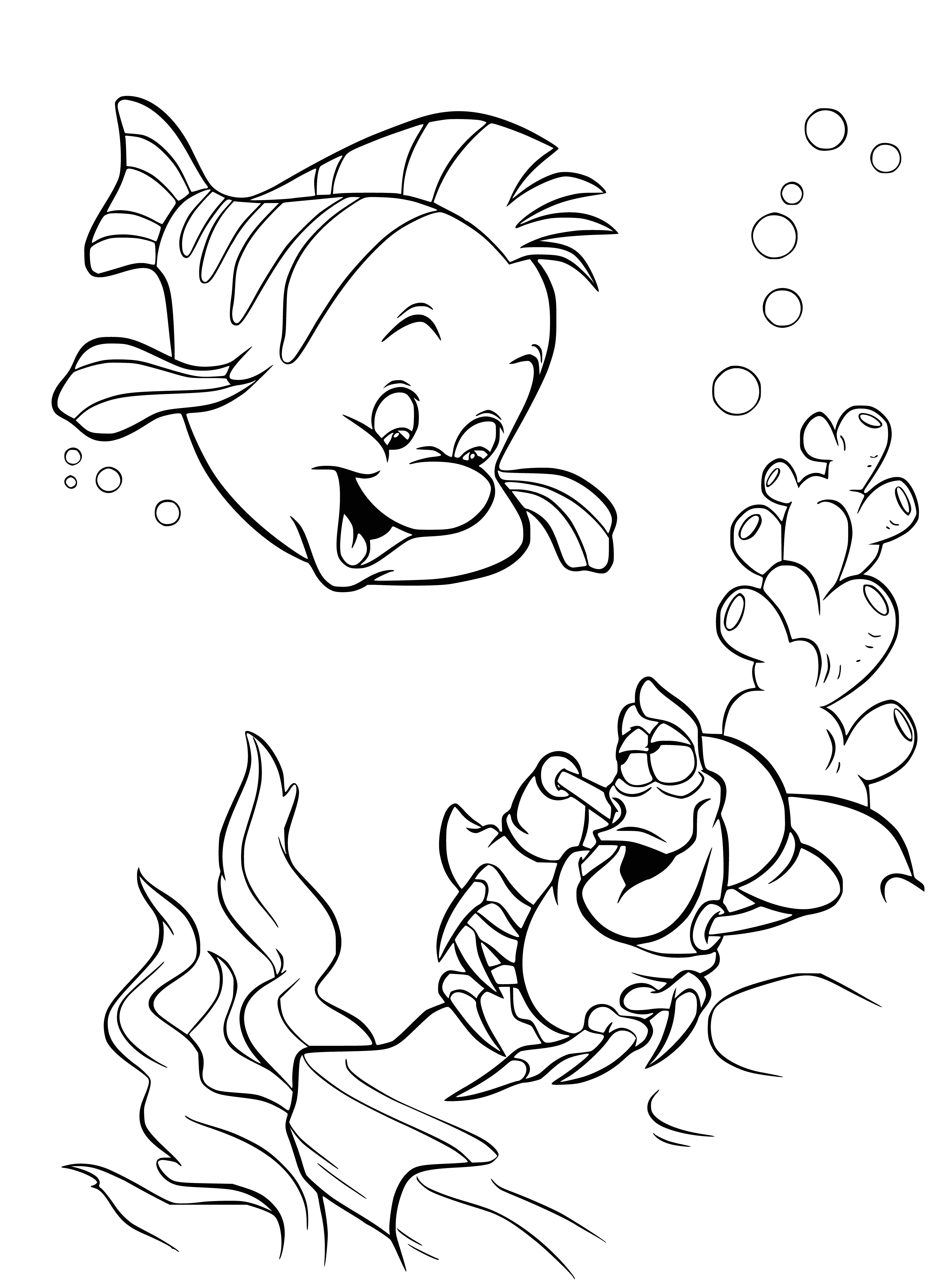 coloring page: Two fish face each other, talking, surrounded by a coral reef and plants.