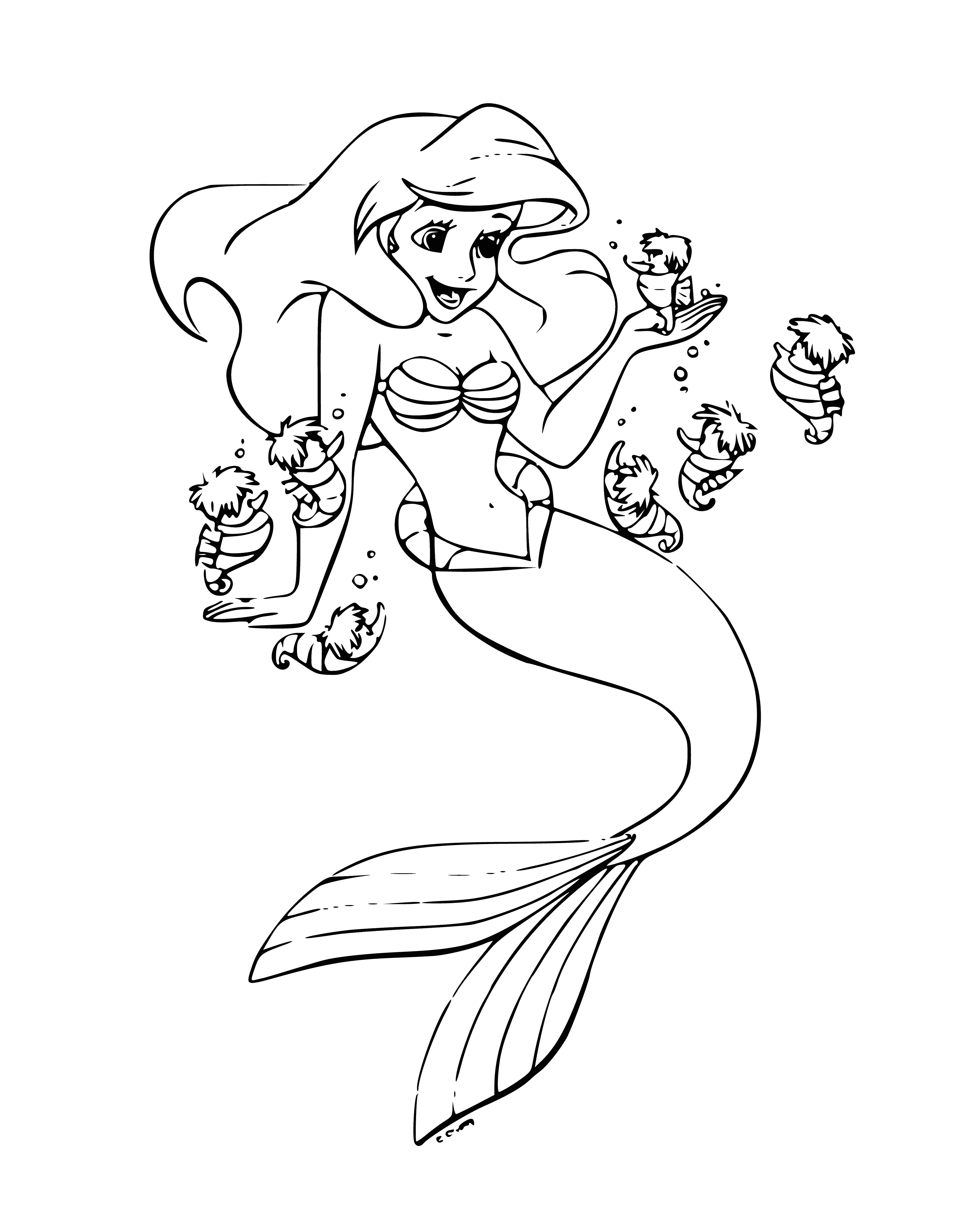 coloring page: Ariel, two seahorses swim with tails up - Ariel's bright blue & purple, friends' green & yellow - deep blue background. #Disney #TheLittleMermaid