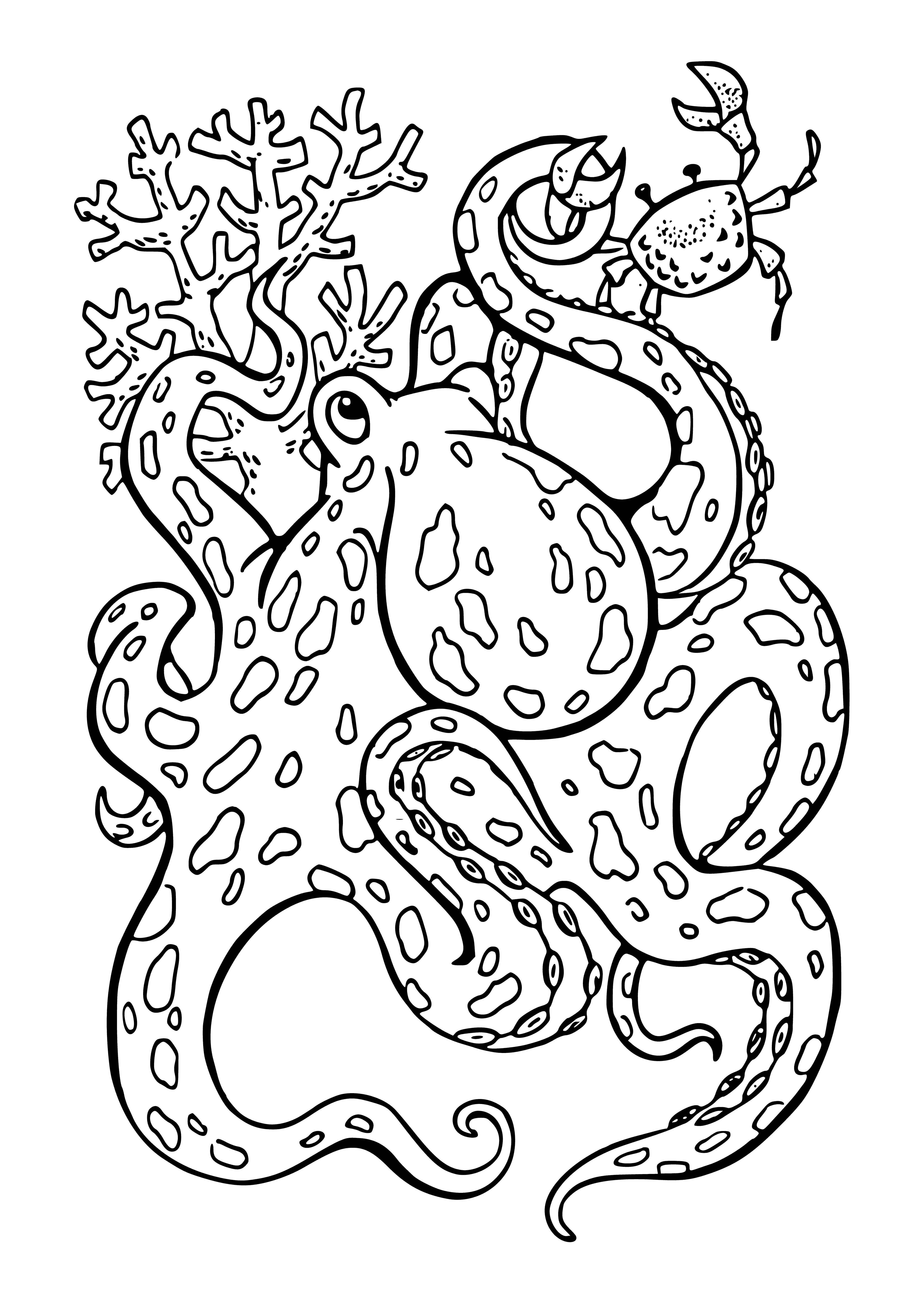 coloring page: A small orange octopus rests on a coral reef. It has 8 legs, 2 big eyes, a round mouth, and dark spots. #SeaCreatures