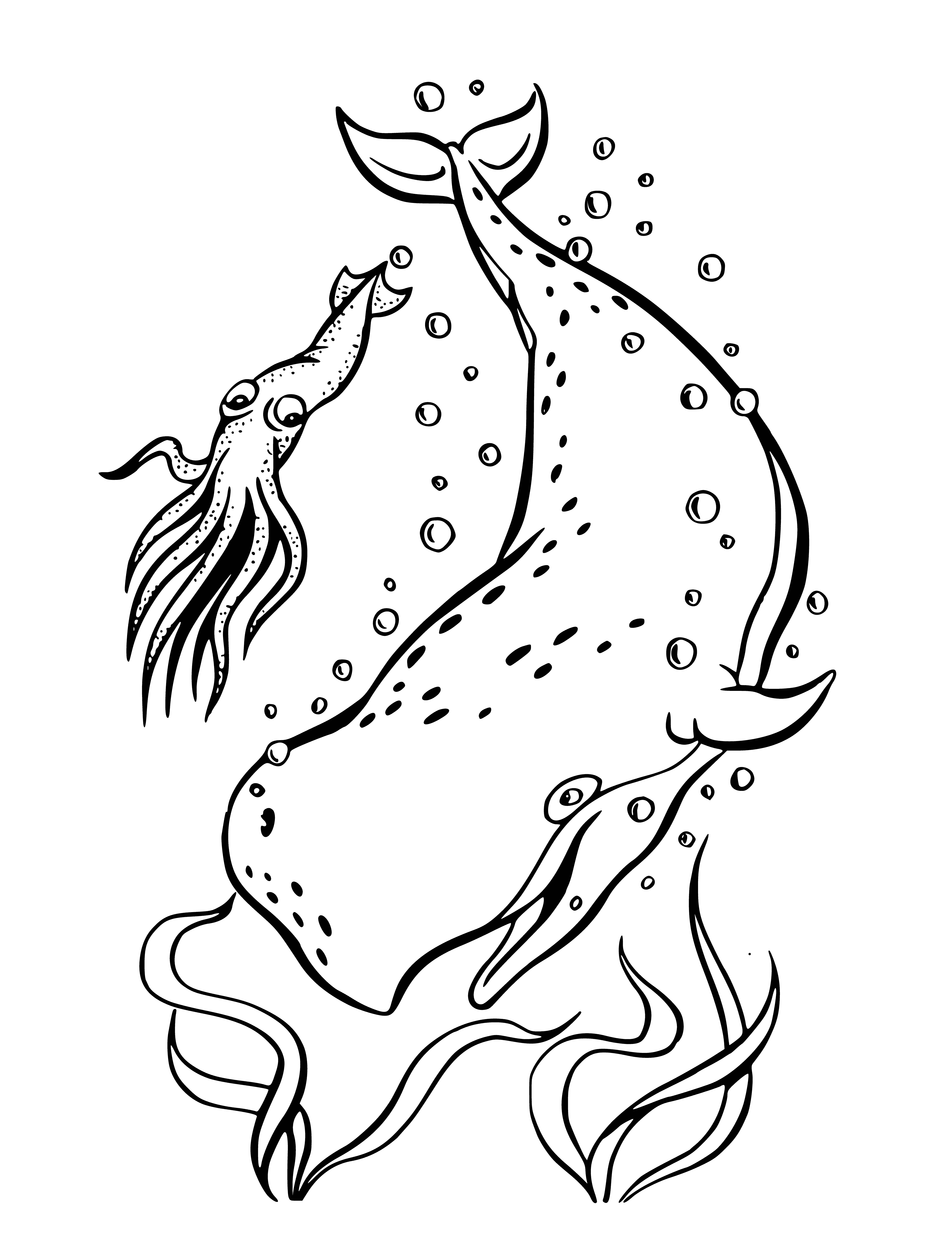 coloring page: Girl in pink dress and purple shoes fishes at the water's edge. Mer-creature in the water captures her attention.