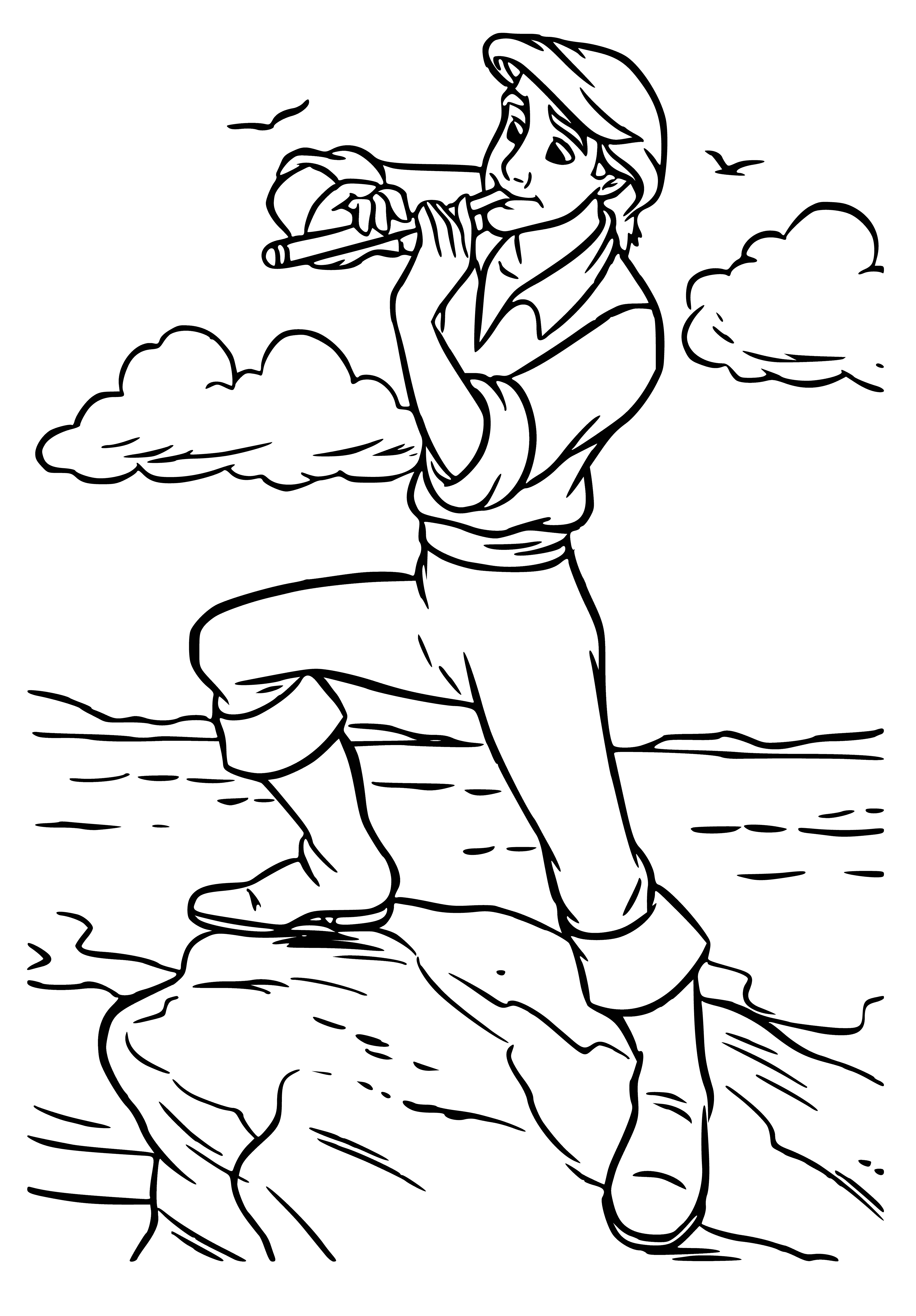 coloring page: Little mermaid sits on a rock, holding a flute and looking at the prince who plays a tune.