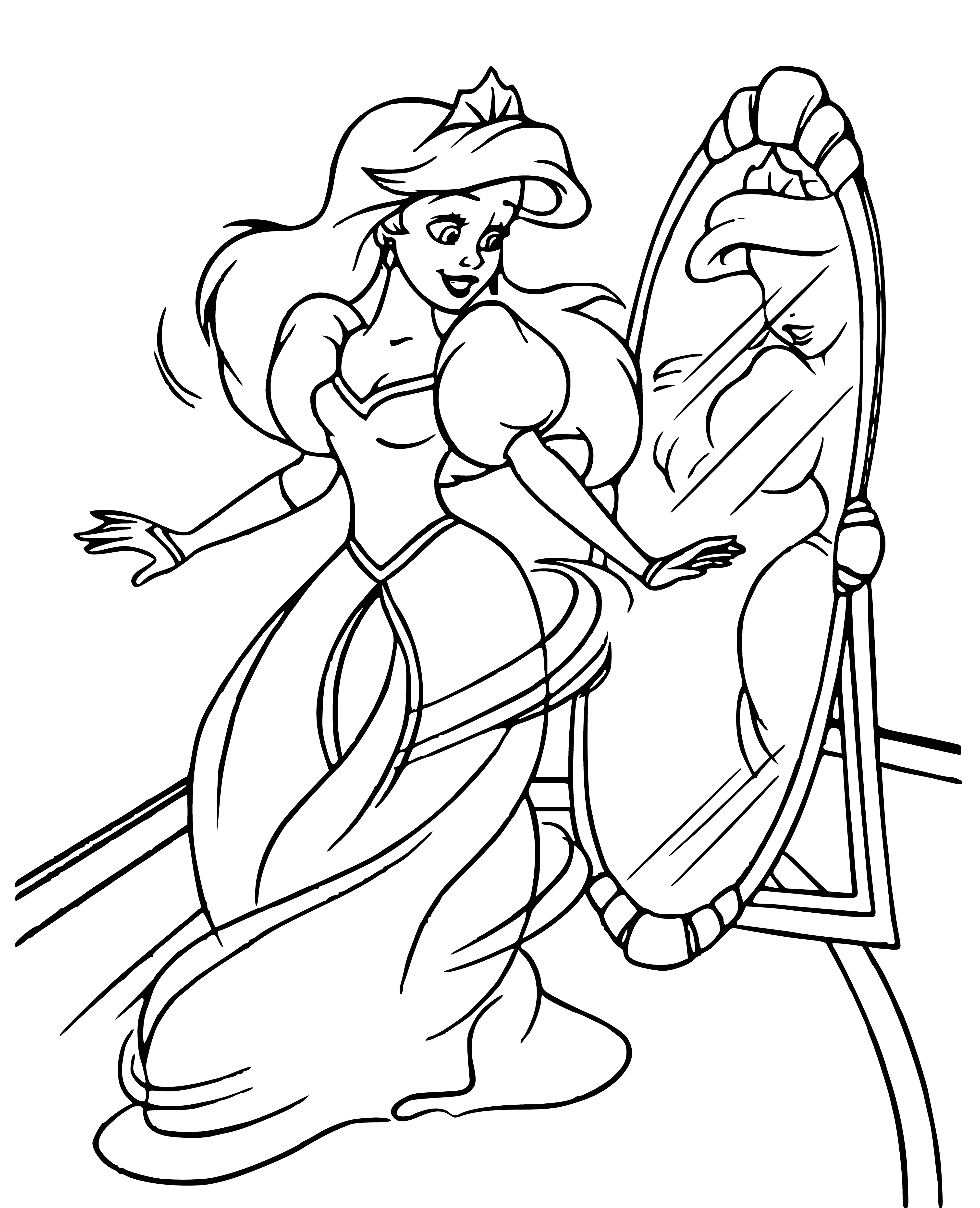 coloring page: Amermaid with bright red hair and a blue tail admires her looks in the mirror while holding a comb. Pink shell bikini top complete the look.