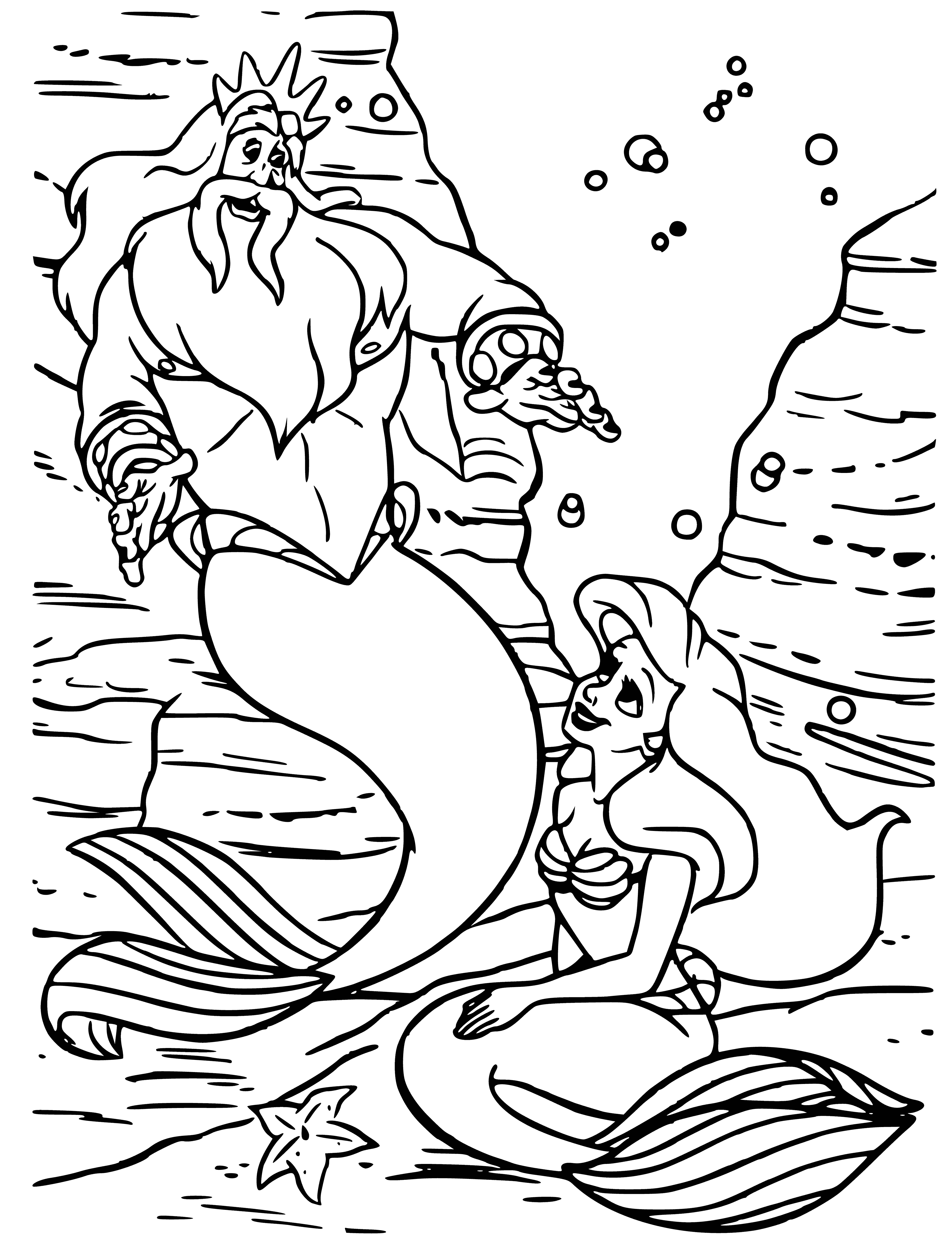coloring page: Neptune and Ariel, King and subject, ruler of the sea and the little mermaid admire each other. #mythology