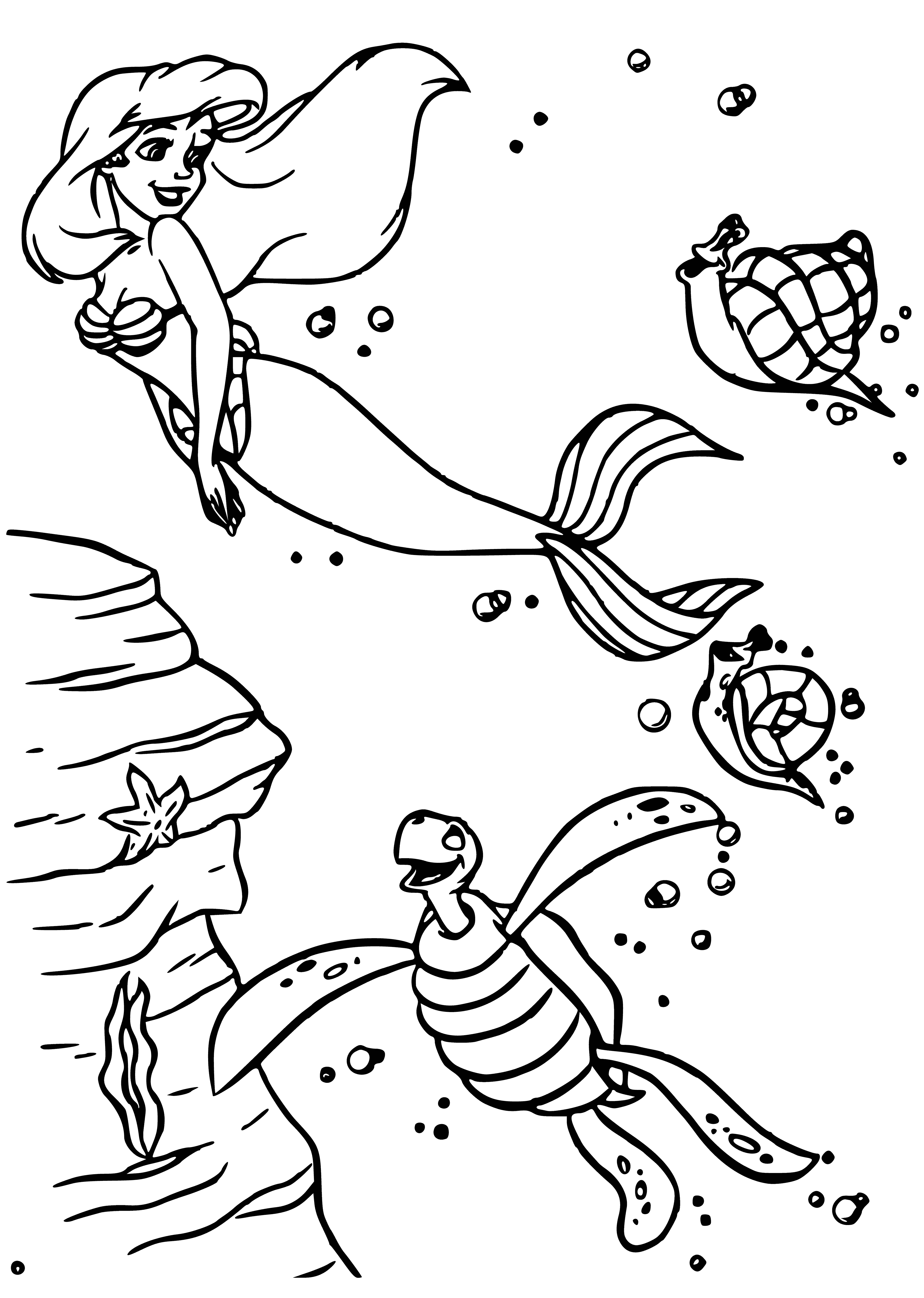 coloring page: Ariel & Turtle share a meal and offer support in their underwater kingdom. The Turtle uses its shell to help collect food and the two friends are content in each other's company. #Fairytale