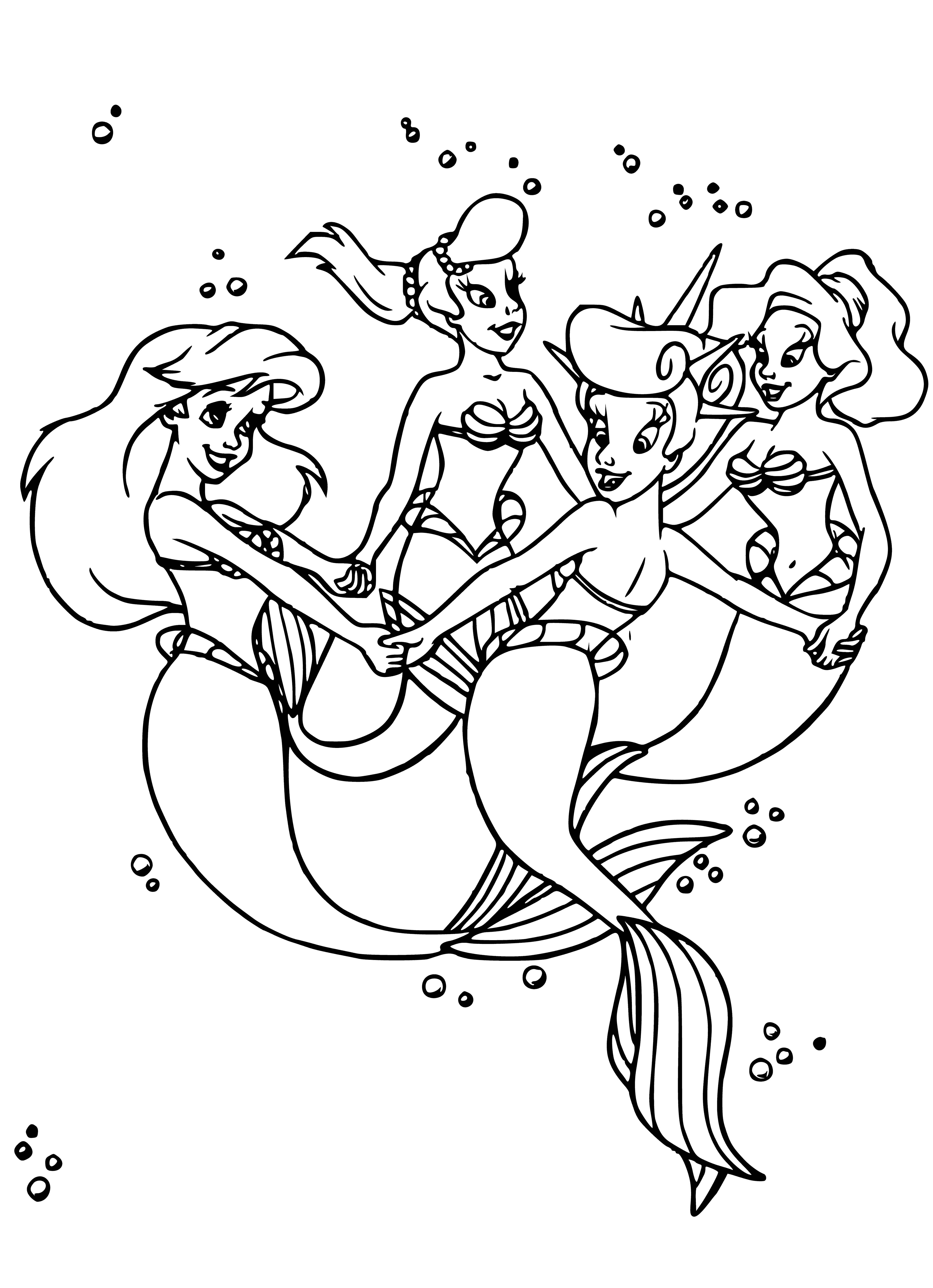 coloring page: 3 women, each w/diff. hues of hair, fins for legs, holding hands, smiling & happy.