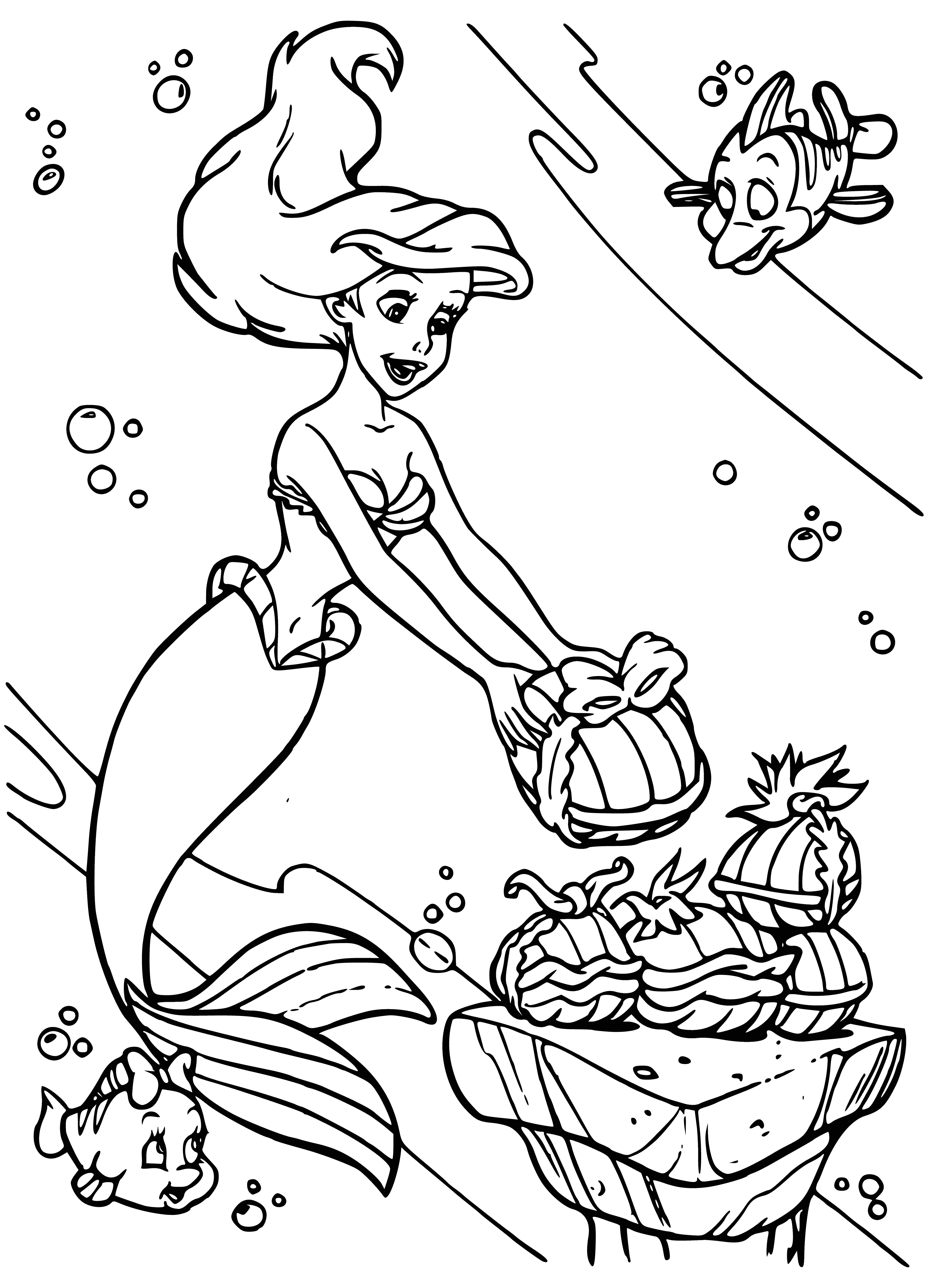 coloring page: Mermaid clamshell w/pearl & goldfish in bowl to right, pink conch shell w/word "Treasures" to left. Underneath each is word in gold.