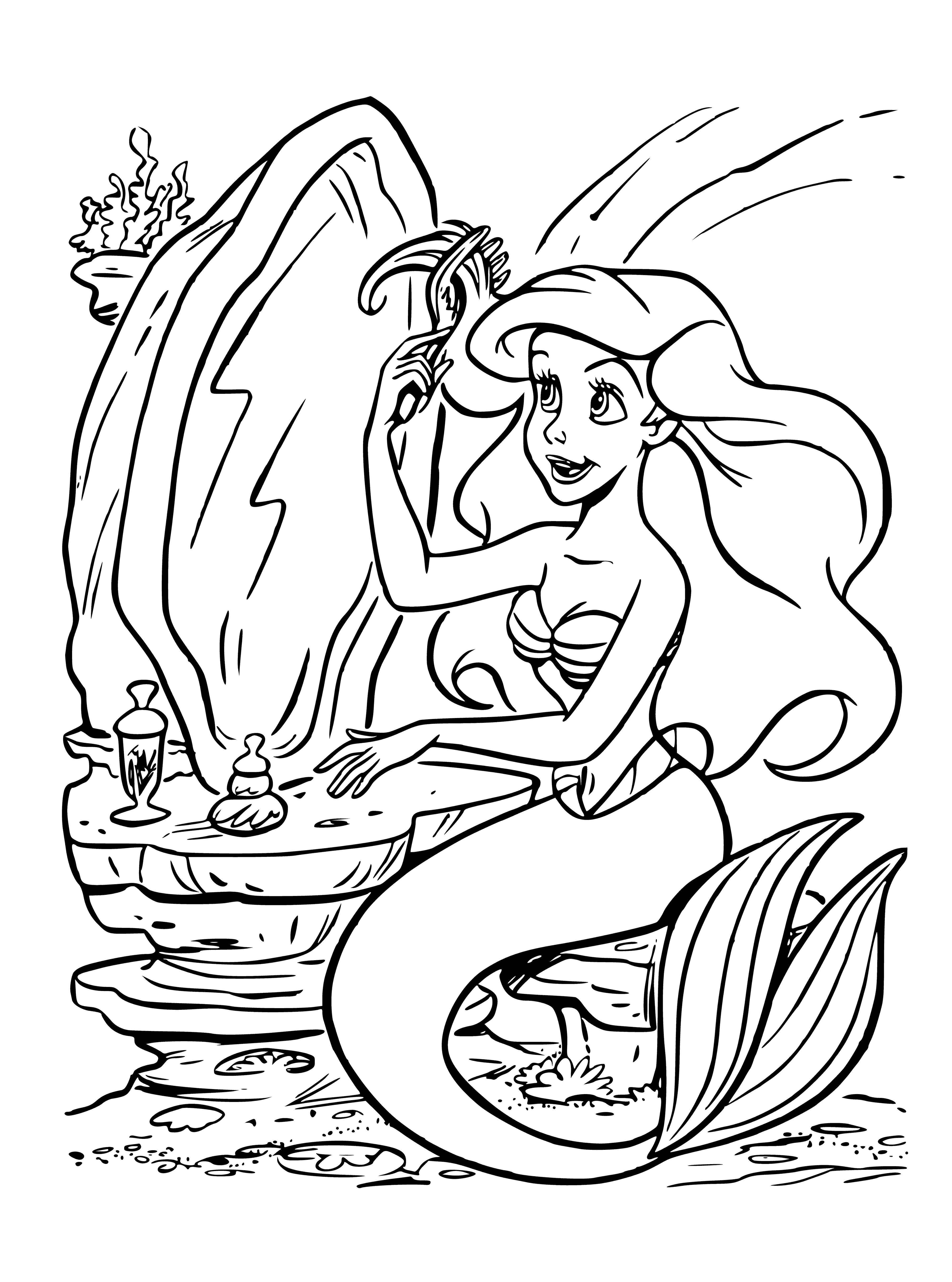 coloring page: Girl stares at reflection in pool, holding comb & fork. She has long blond hair & wears white dress w/ blue sash.