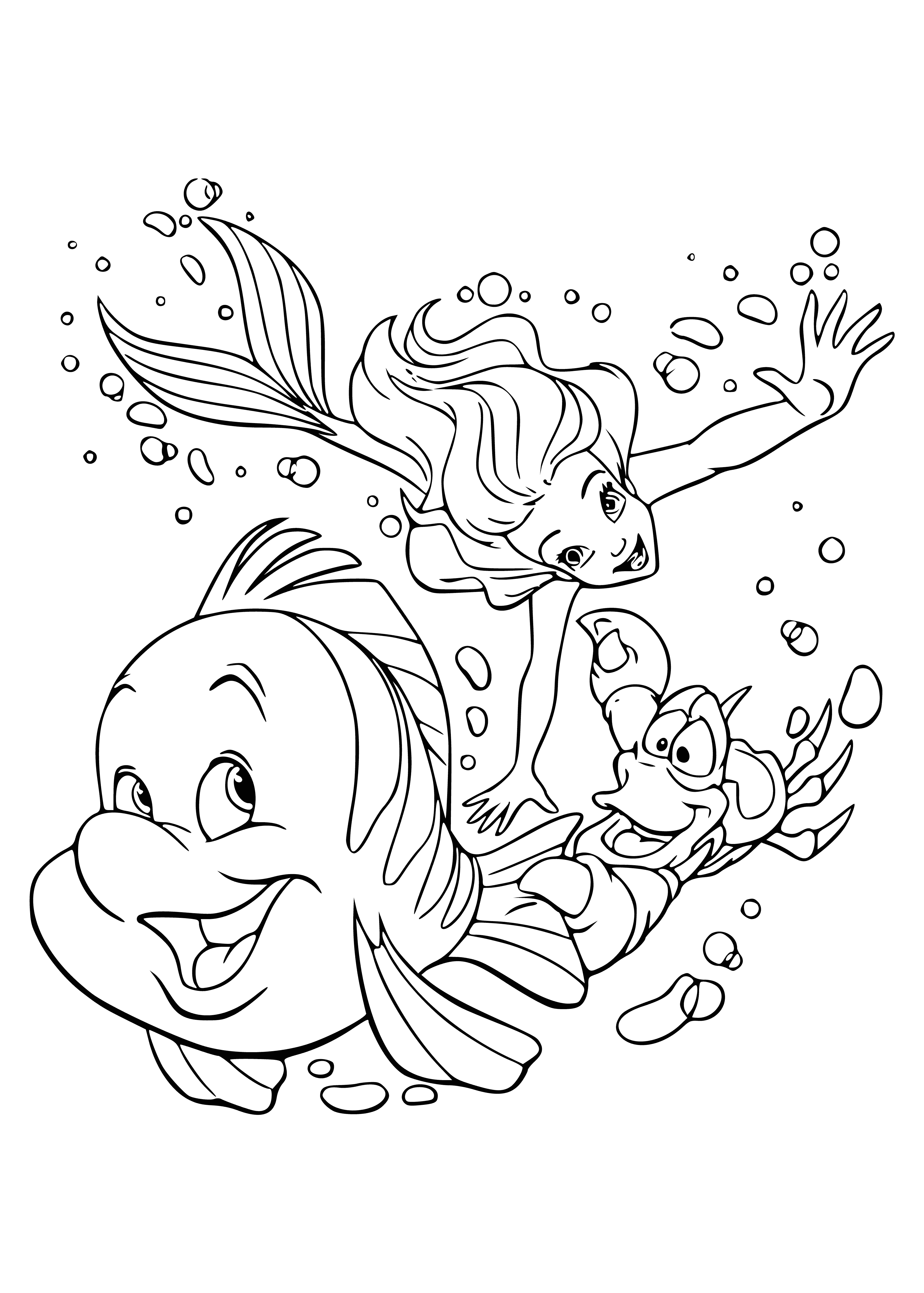 coloring page: Mermaid & Flounder watch as Sebastian, a crab, approaches them on a rock. #LittleMermaid