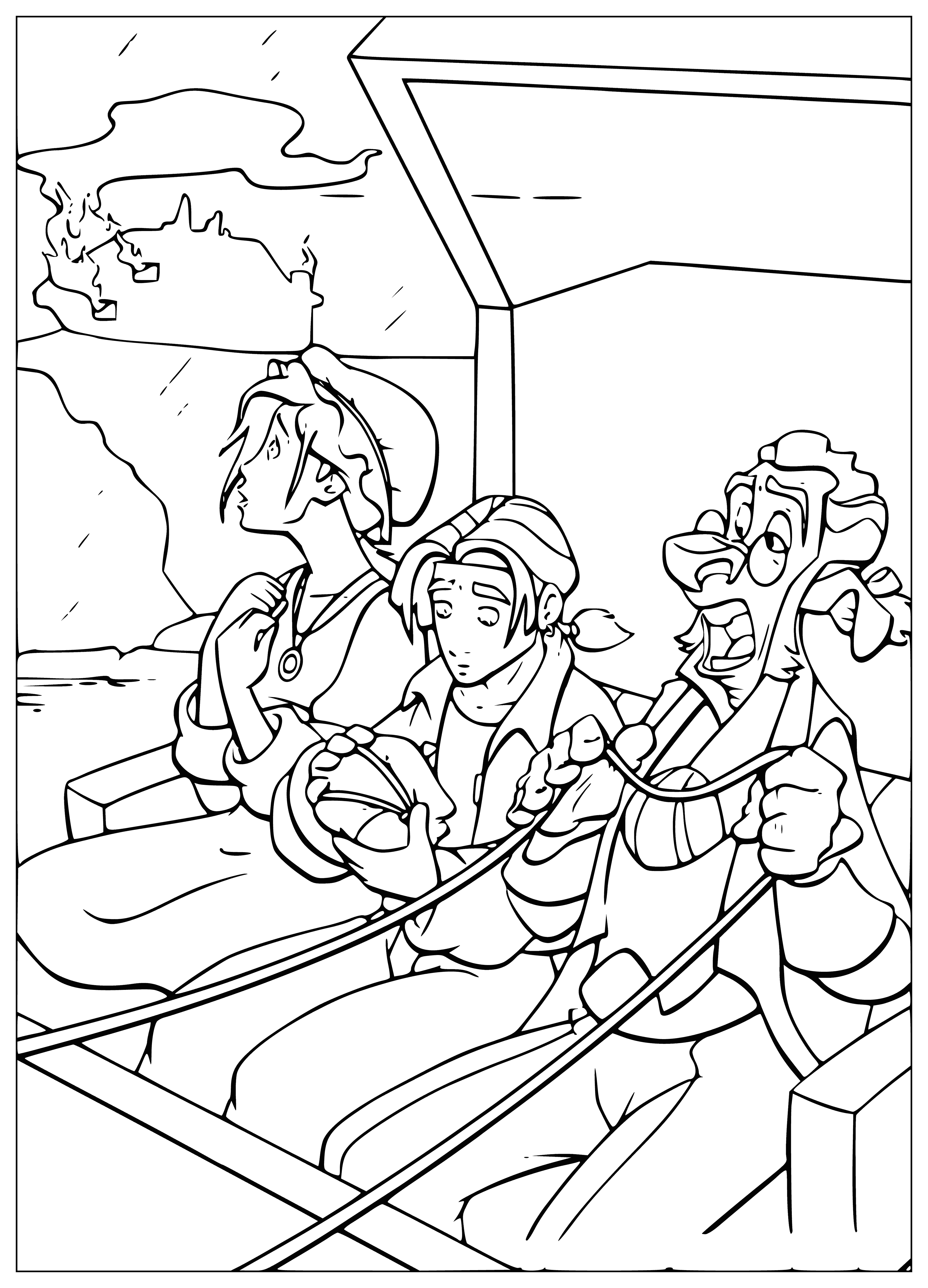 coloring page: Tavern of Treasure Planet offers dreariness, fire, windows, dirt floor, and a back room. Rats scurry around as adventurers enter.