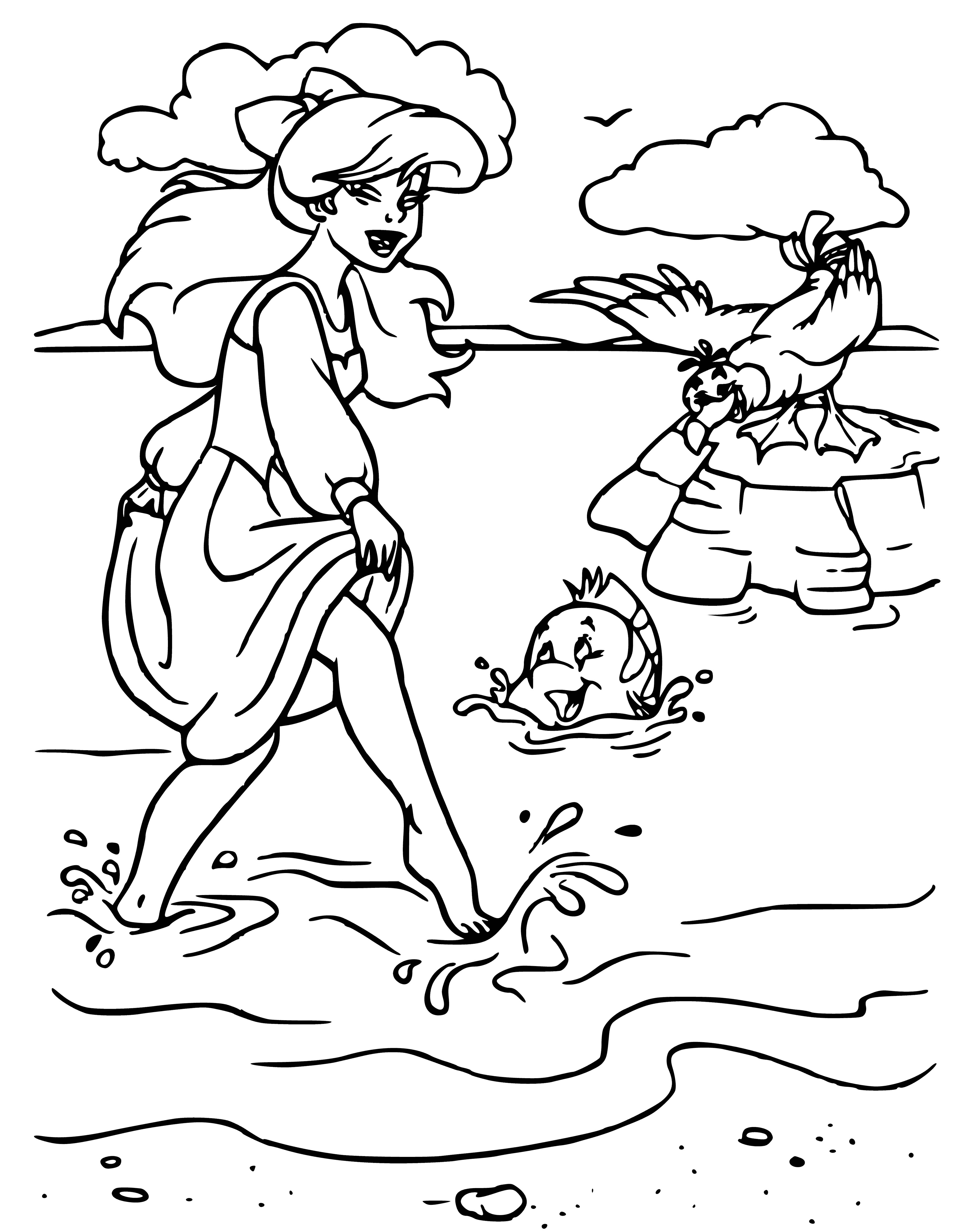coloring page: A young woman sits by the ocean, exposed legs and small tail, pensive expression with long hair covering breasts. Fish surround her.