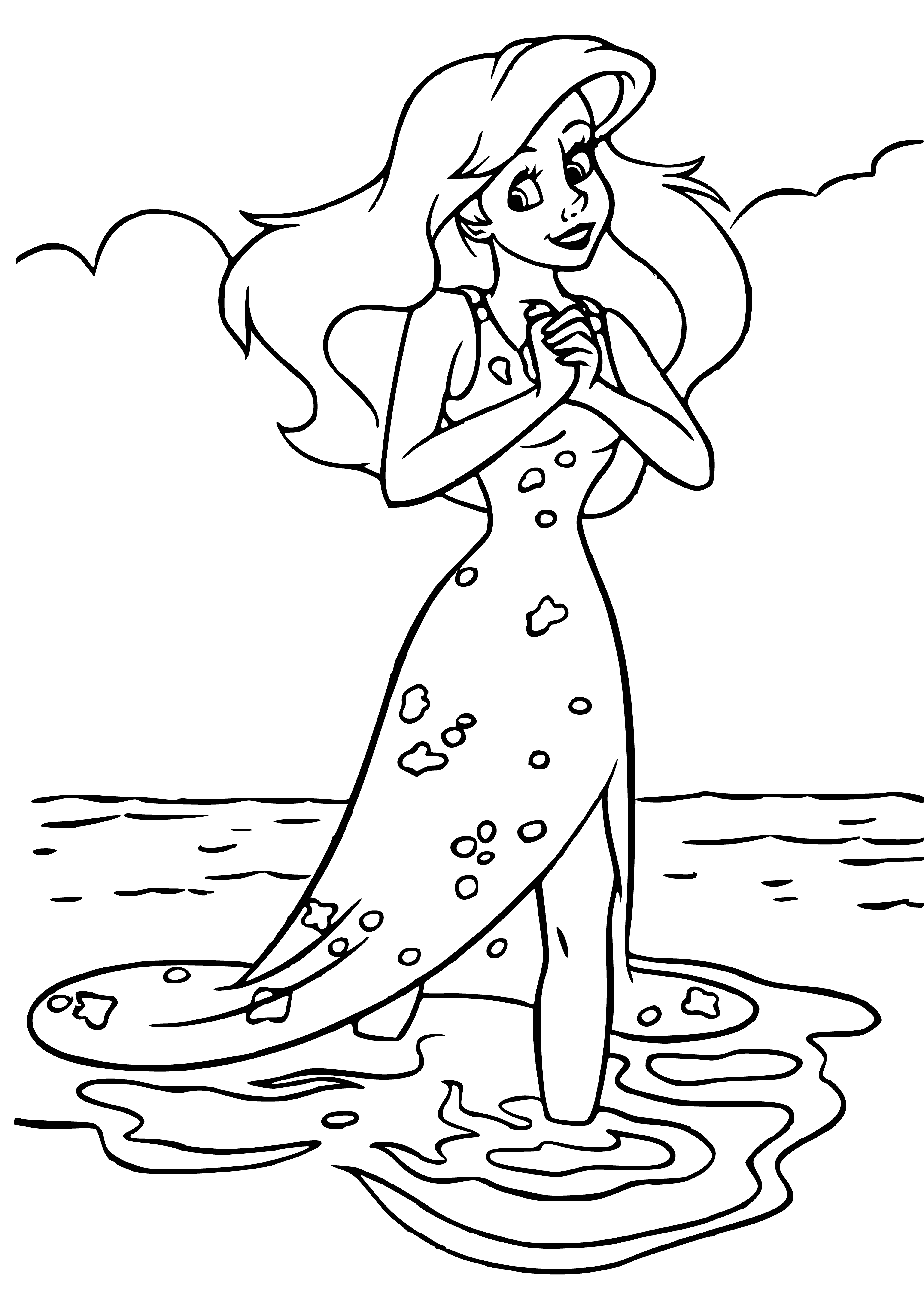 coloring page: A woman smiles from atop a rock in the ocean, wearing a green seashell and pink skirt. She has long red hair and bare legs with a fish tail.