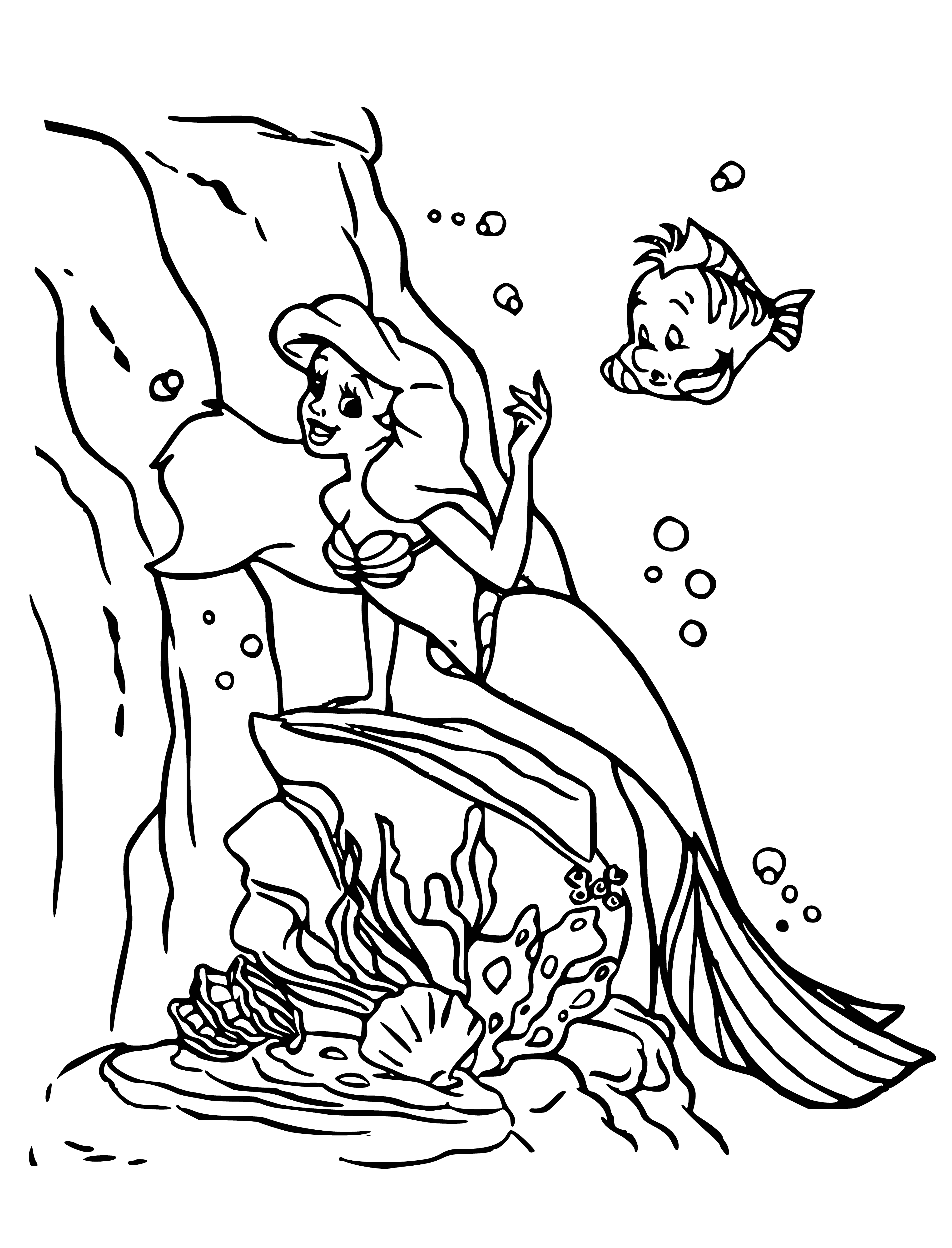 coloring page: Young mermaid wearing a green & purple outfit, blue fish tail and standing on a rock with a yellow belt. Nearby, swimming Flounder, a small blue & yellow fish. #Disney #LittleMermaid