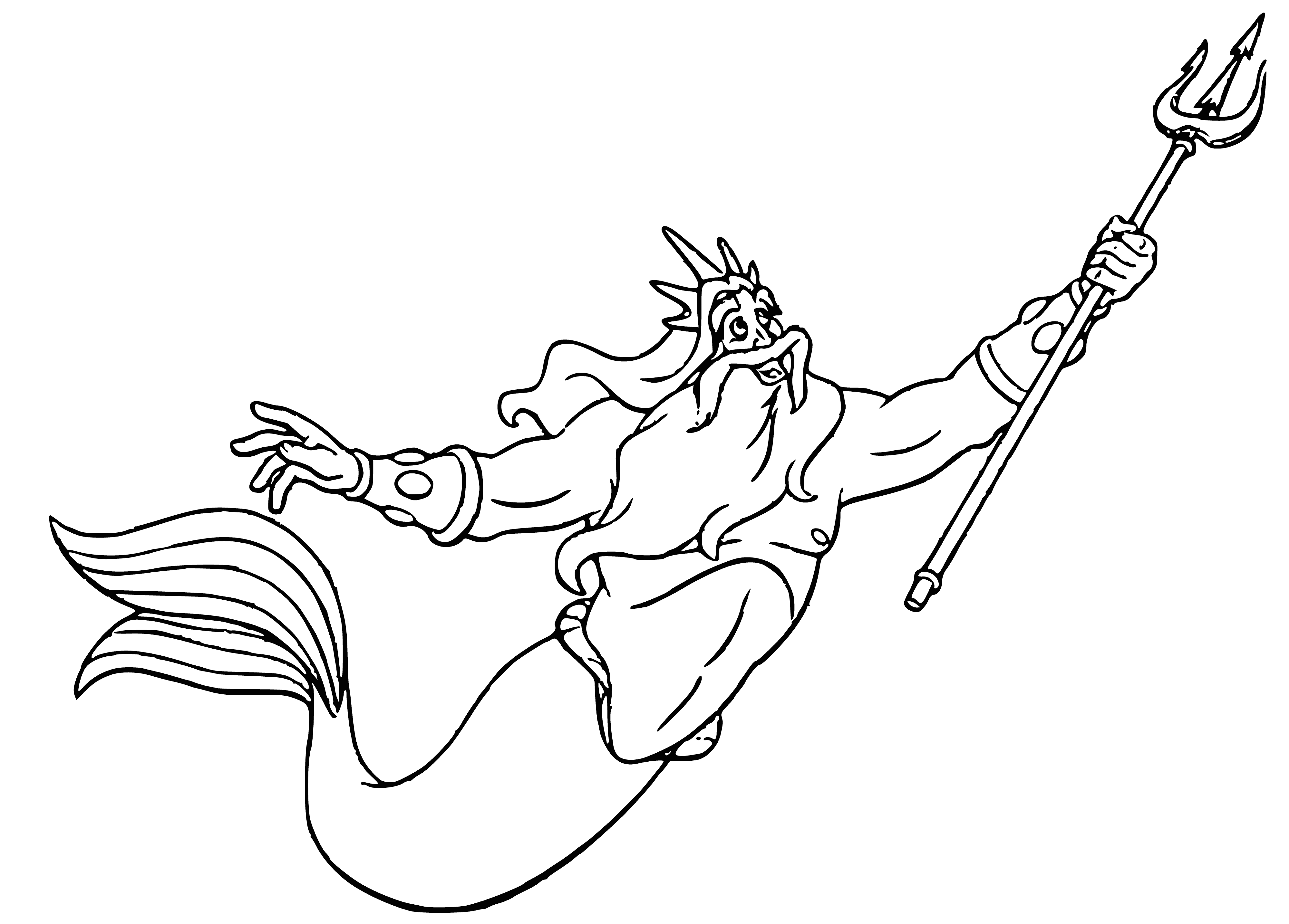 coloring page: The Little Mermaid looks at a statue of Neptune with a trident, crown and a shell in front.
