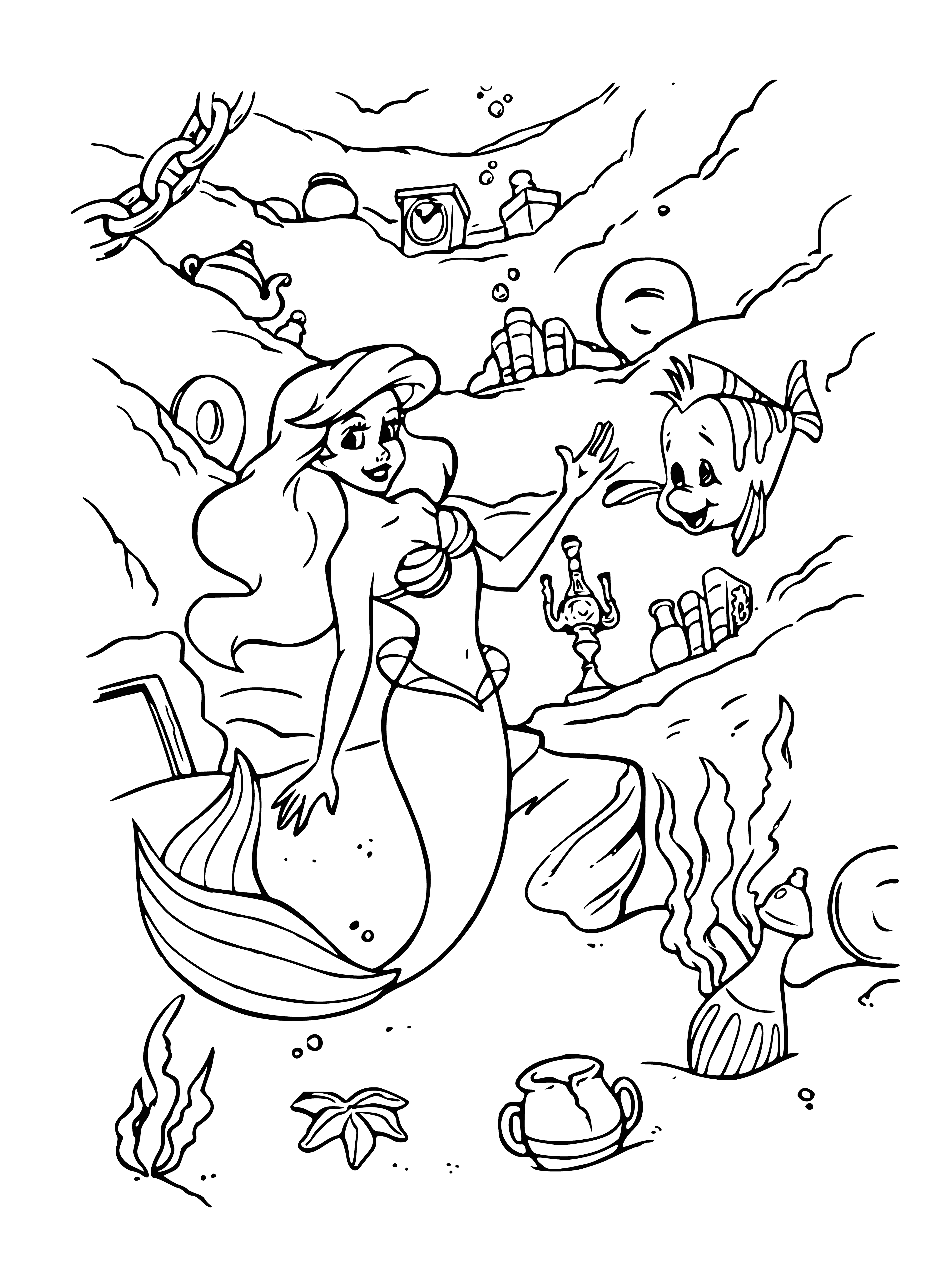 coloring page: Little Mermaid finds treasure chest with coins & jewels underwater. ? ?