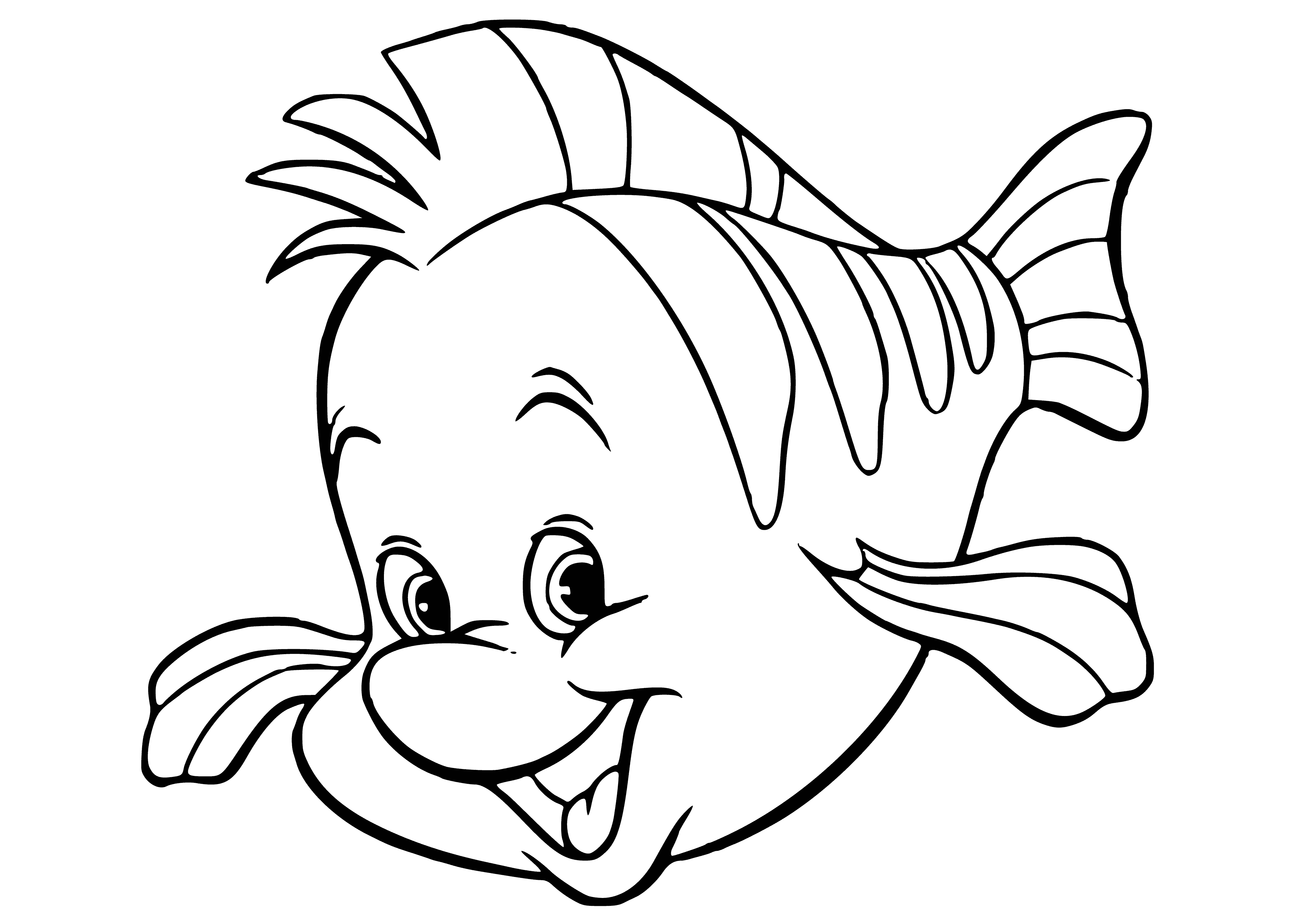 coloring page: Small blue fish with yellow fins swims to the right; large mouth, blue eyes, slightly curved body.